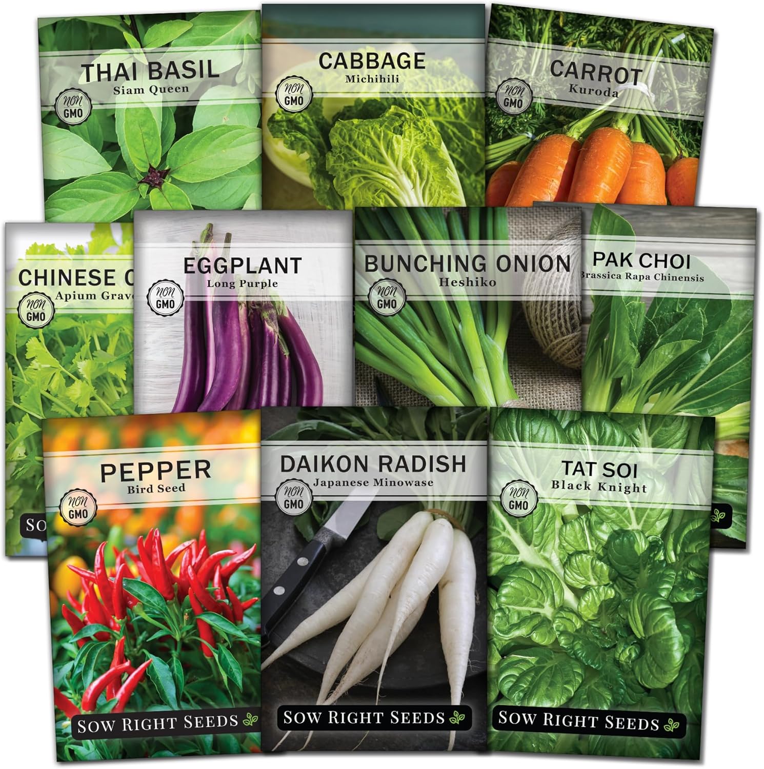 Sow Right Seeds – Asian Garden Seeds for Planting – Individual Packets of Basil, Celery, Bunching Onion, Cabbage, Eggplant, Pepper, Pak Choi, Tat Soi, Radish and Carrot to Plant – Non-GMO Heirloom