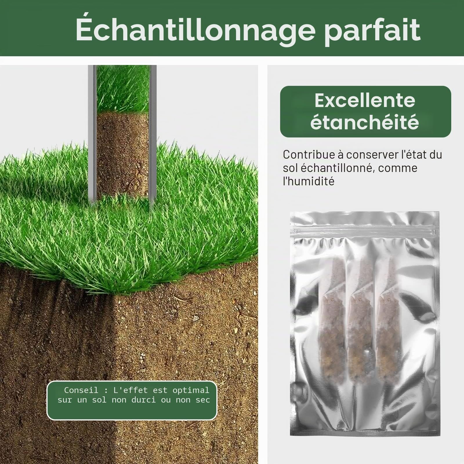 Housolution Sondes pour Échantillons de Sol, 35 cm Outil d'Échantillonnage de Sol en Acier Inoxydable avec 5 Sacs d'Échantillons, Kit de Test de Sol à Poignée en T pour Pelouse Ferme Jardin, Argent