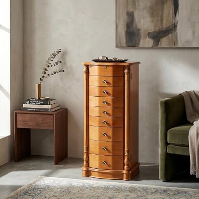 Hives and Honey Elizabeth Jewelry Armoire Locking Top with Mirror, Cord Access, 8 Drawer Organizer, Side Necklace Hooks, Anti-Tarnish Lining, 40 Inch Tall