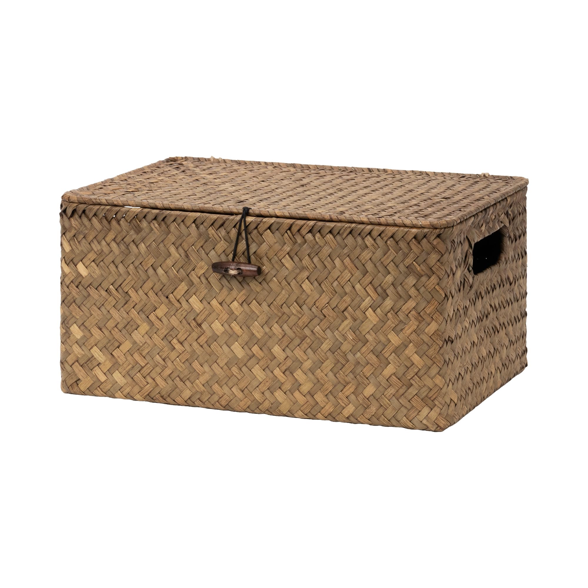 StorageWorks Seagrass Storage Baskets for Organising, Large Wicker Basket with Lid, Decorative Storage Box with Lid, Basket with Built-in Handles, Storage Organiser for Wardrobe, Brown, 1 Pack