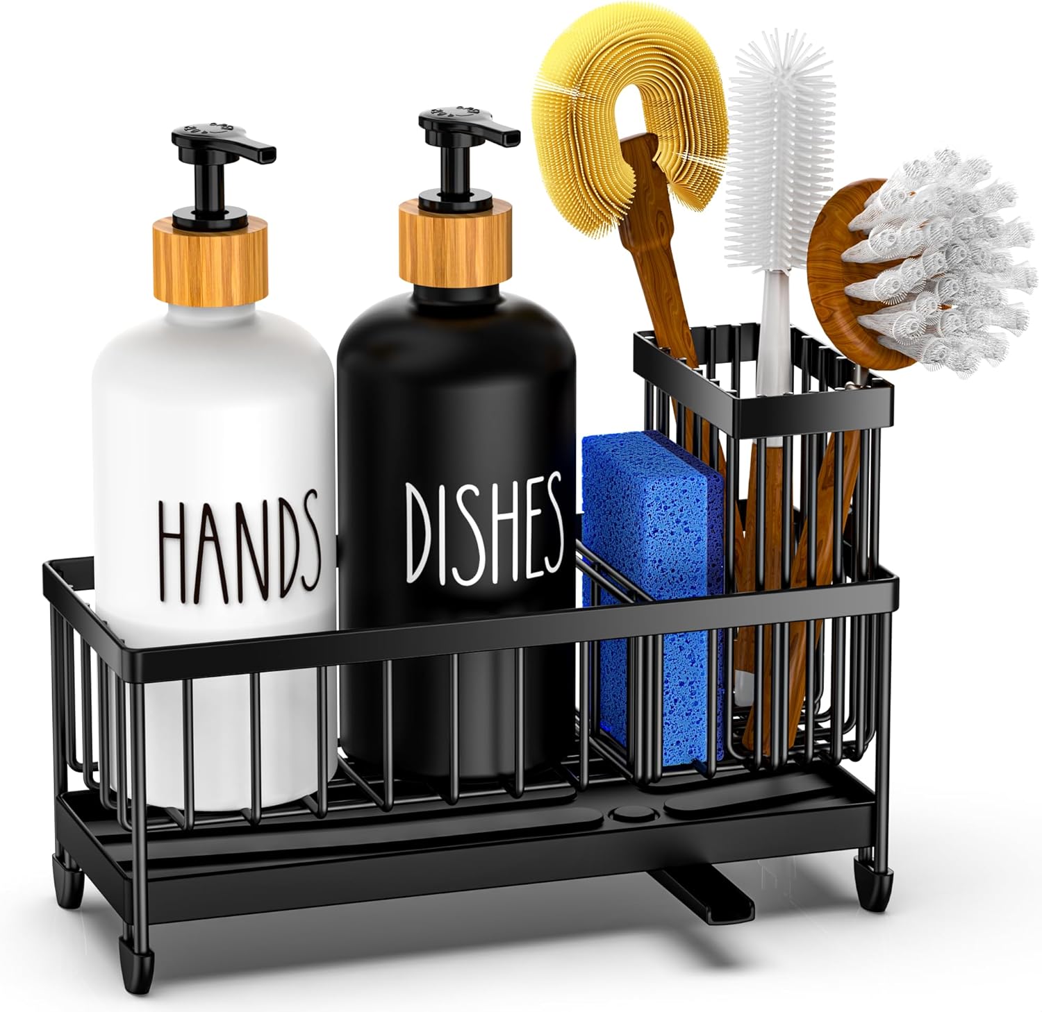 Cisily Kitchen Soap Dispenser Set with Sink Caddy, Glass Bottle, Hand and Dish Soap Dispenser Set with Sponge Holder (Black & White Round Bottles + Black Sponge Holder)