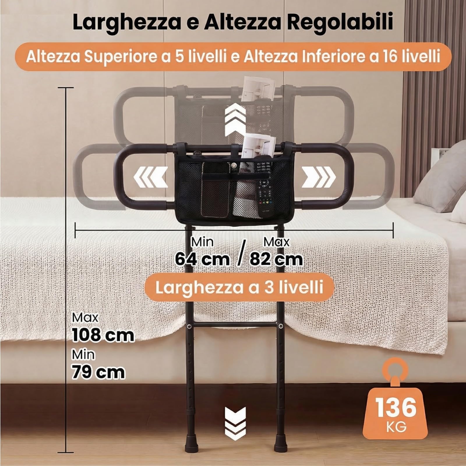 COSTWAY Sponda Letto Pieghevole per Anziani, Altezza/Larghezza Regolabile, Tasca Rimovibile, Maniglie Imbottite e Base a U, Sbarra da Letto con Cintura di Fissaggio, Supporto 136 kg (Nero)