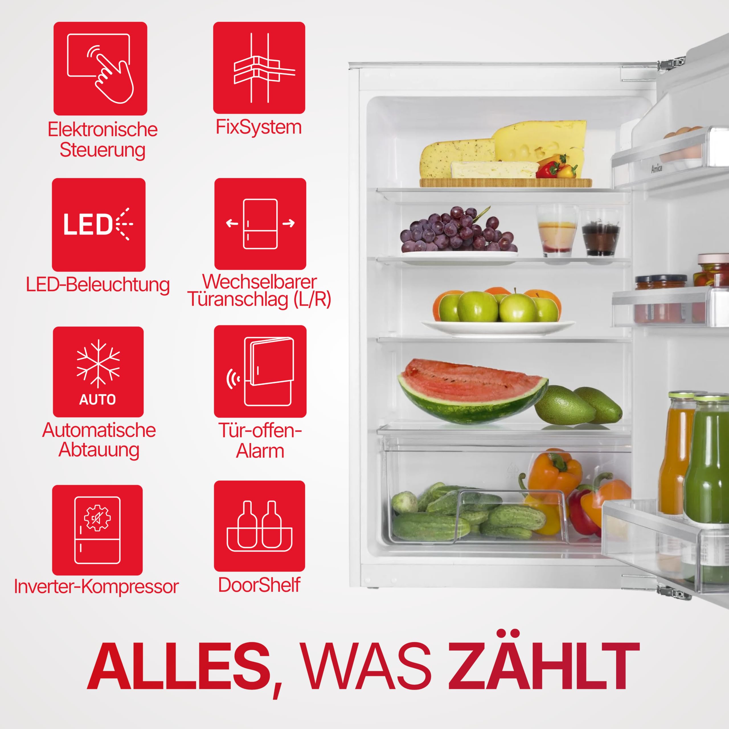 Amica Einbau‑Vollraum‑Kühlschrank Festtür‑Technik 880 mm Nische elektronische Steuerung Inverter‑Motor LED Beleuchtung 87,1 x 54 x 54 cm – Einbaukühlschrank