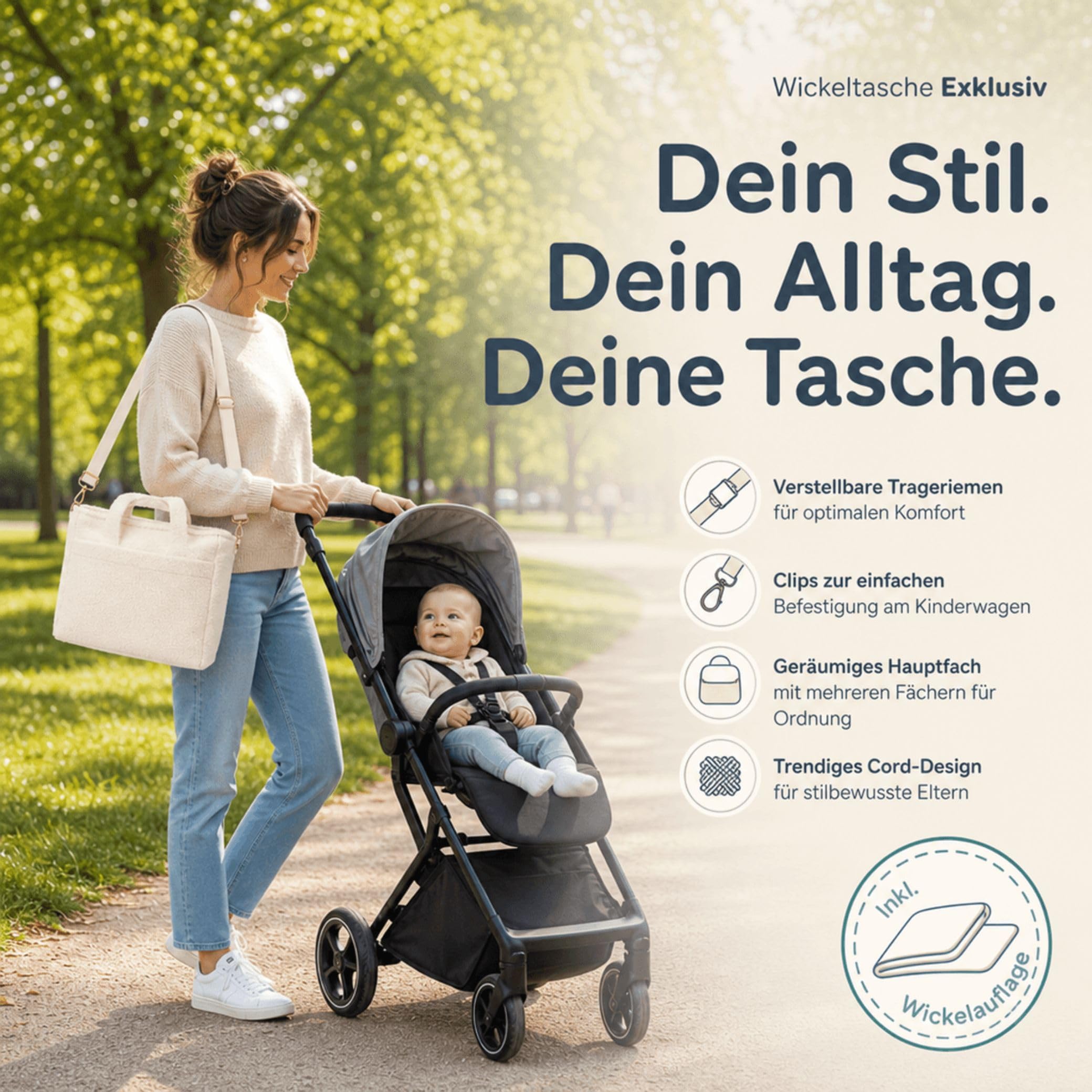 Fillikid Wickeltasche Teddy Big Exklusiv | Stilvolle Wickeltasche aus weichem Teddy-Material | Mit goldenen Details Wickelauflage, Schultertragegurt & Befestigungshaken für Kinderwagen und Buggys