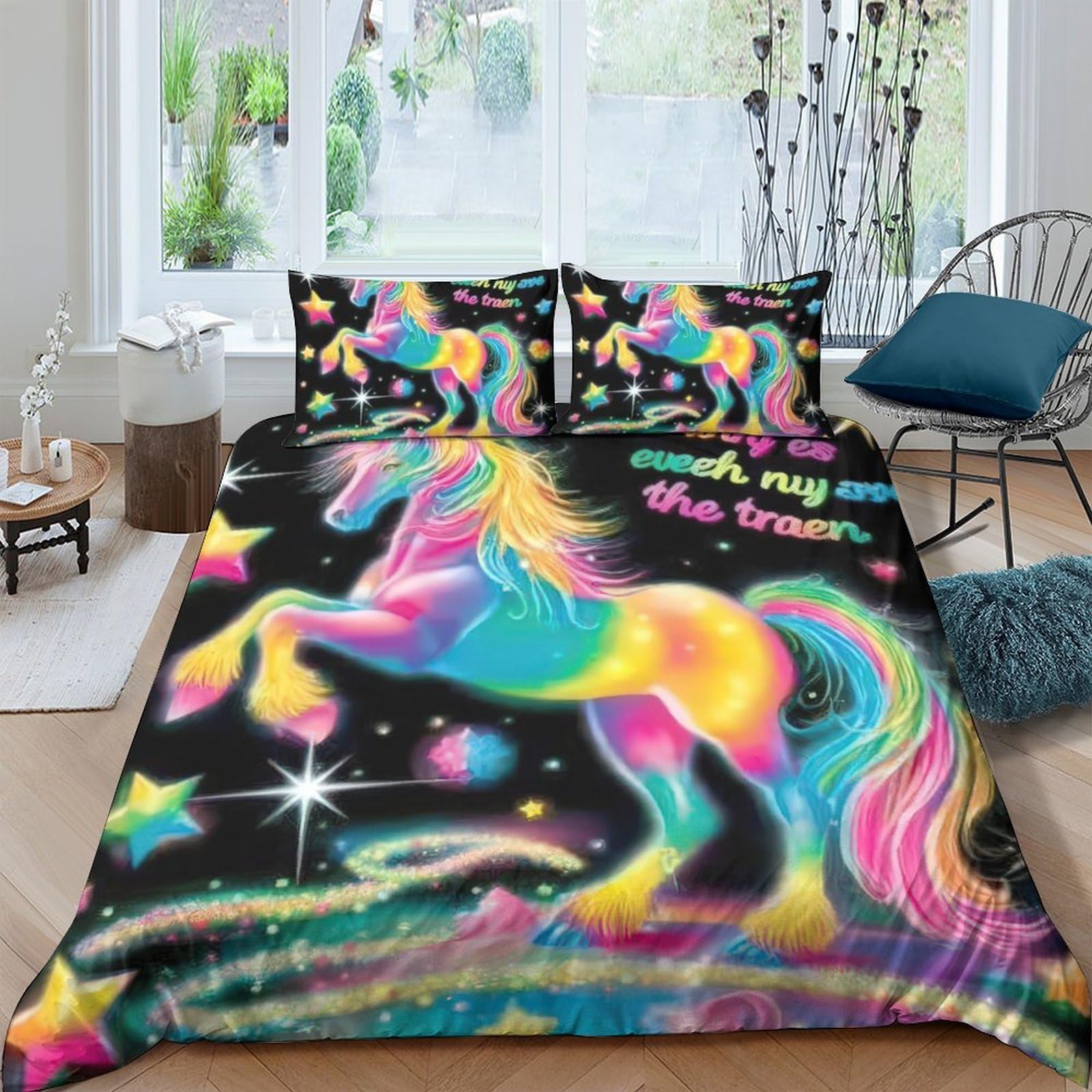 GPLZQXKJNH 3D Printed Rainbow Unicorn Duvet Cover Microfiber Soft Breathable Star Galaxy Bedding Set with 2 Pillowcases for Bedroom Decor Single（135x200cm）