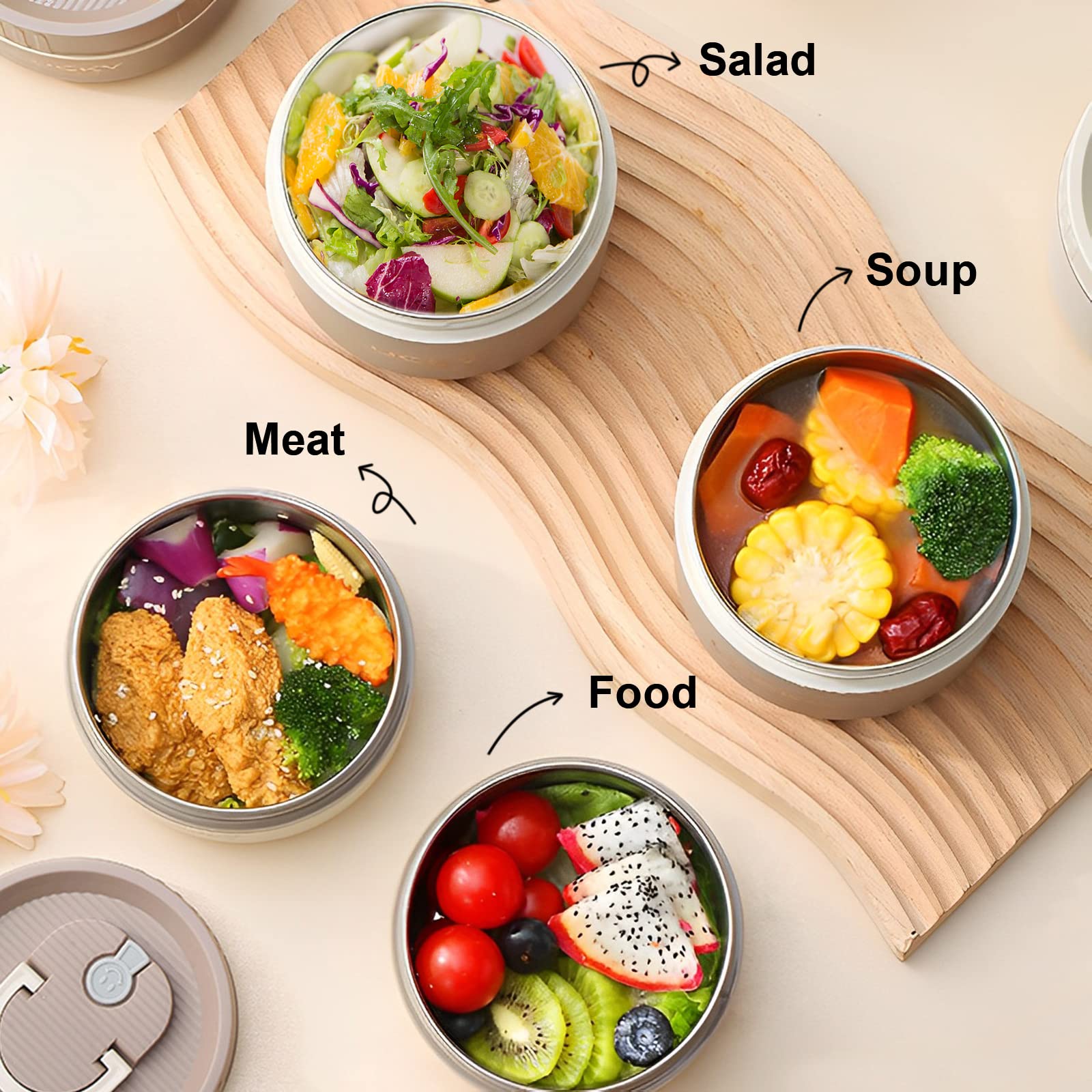 Juego de contenedores de almuerzo portátiles aislados, caja Bento para adultos con bolsa de almuerzo aislada, 4 contenedores térmicos apilables separados para adultos, color marrón 3