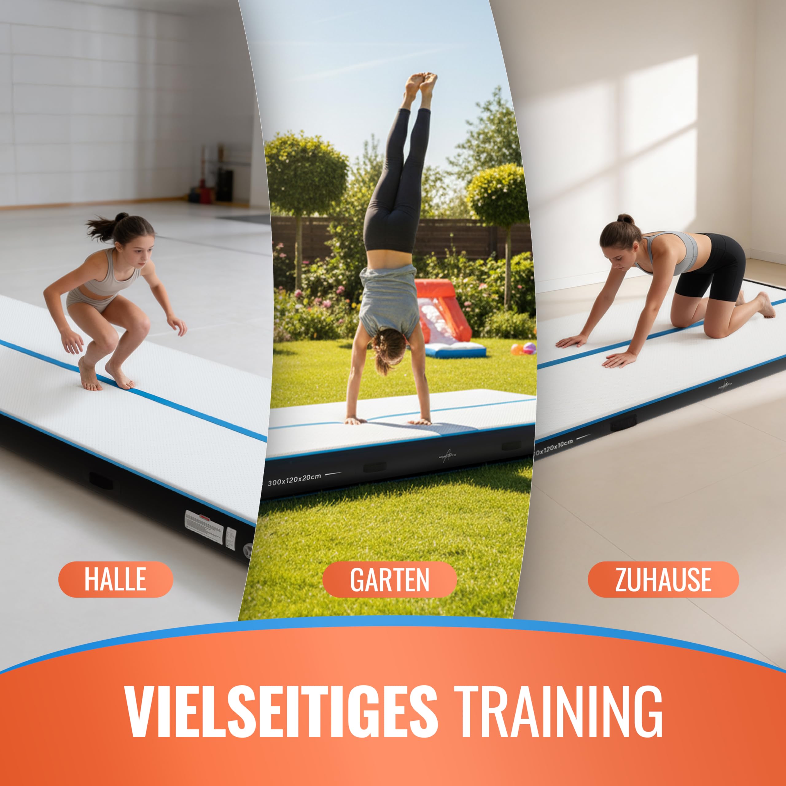 AthleticPro Airtrack Matte [3 m/4 m/5 m di lunghezza] – 120 cm di larghezza – 10/20 cm di altezza – Tappetino gonfiabile per ginnastica e acrobazie, con pompa elettrica, kit di riparazione e borsa