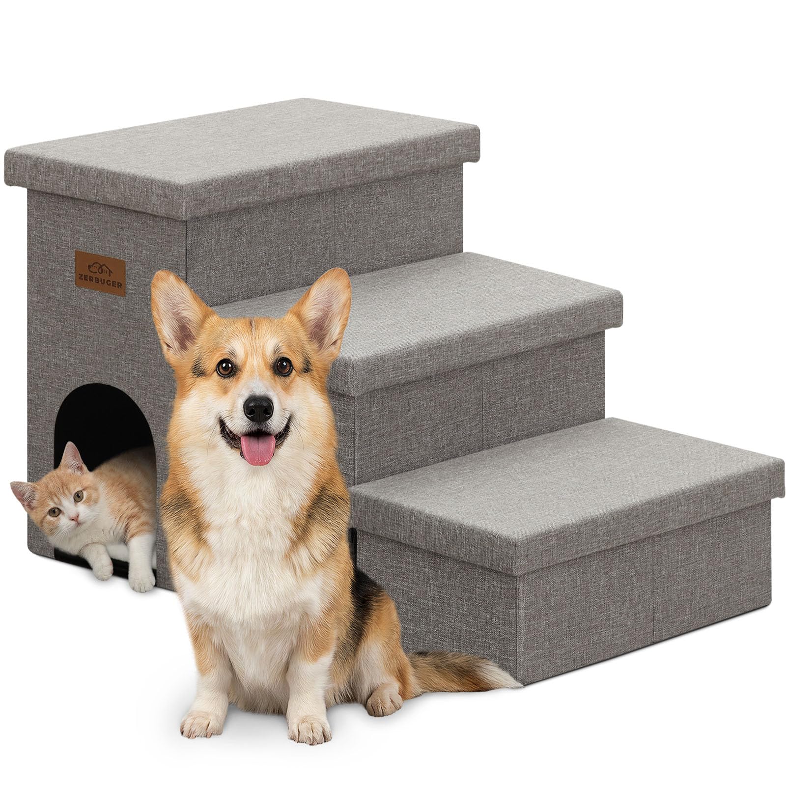 Dog Stairs 18" H, 3-Step Wider Dog Steps for High Beds Couch, Folding Storage Pet Stairs Gift for Small/Medium/Large Old Dogs Cats, Ramp for Climbing Car Up to 200 lbs, (Gray, with Condo)