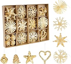 Straw Stars Christmas Tree Decorations 46 Pieces, Christmas Tree Decoration Straw with Natural Accents, Handmade Christmas Tree Decoration Made of Straw with Beautiful Box, Decoration for Christmas