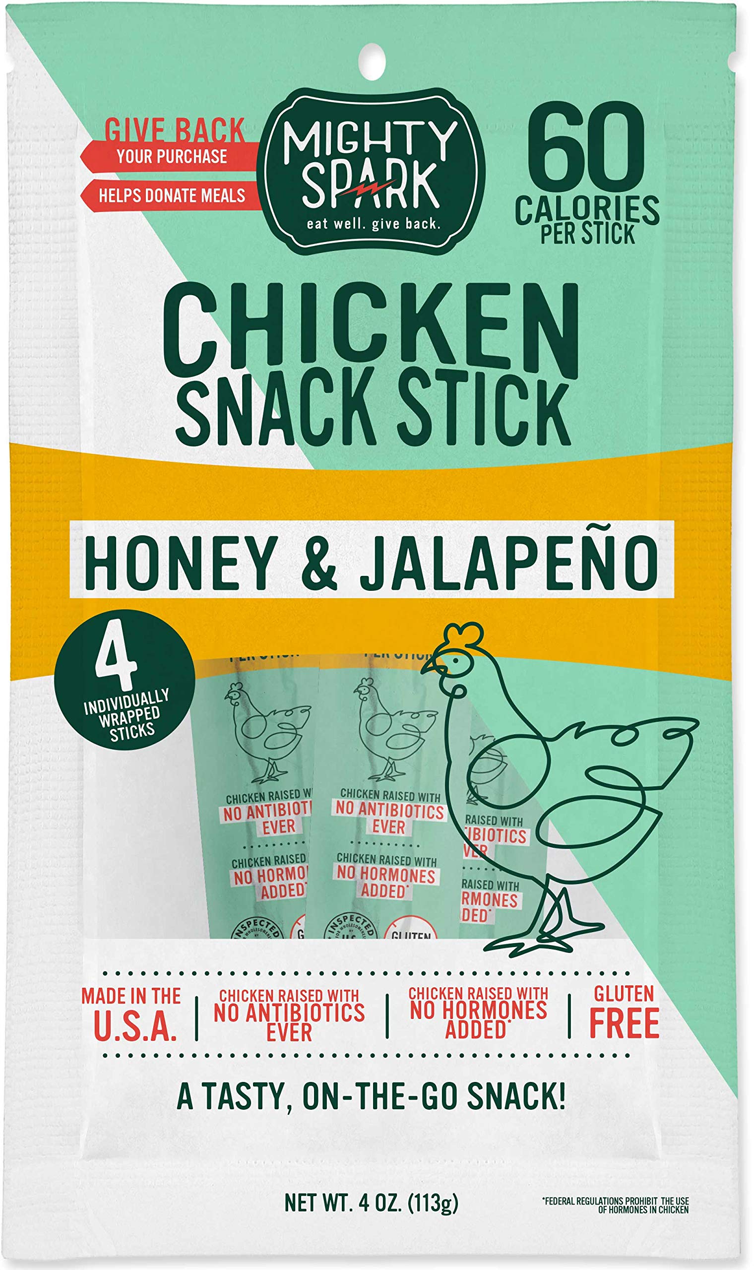 Mighty Spark Chicken Snack Sticks, Honey & Jalapeño, 60 Calories per Stick, Gluten Free, 4 Sticks, 4 Ounce (Pack of 8)