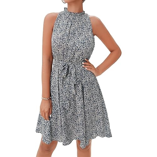 BTFBM Women 2024 Summer Halter Neck Dresses Sleeveless Casual Floral Polka Dot Print Short Boho Ruffle Sundress