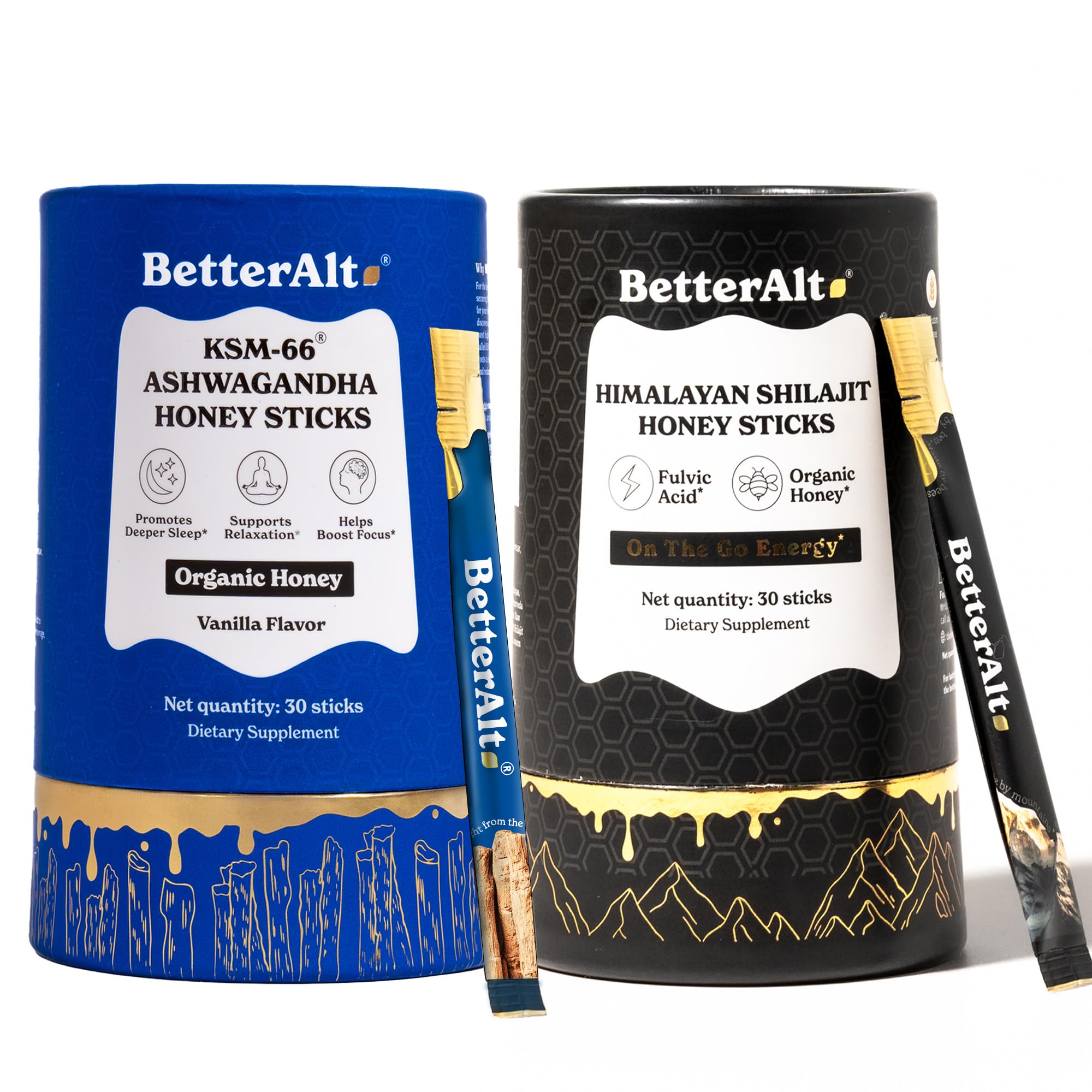 Better AltAshwagandha & Shilajit Honey Sticks 2 Pack| Pure Himalayan Shilajit Organic Multiflora Honey & Saffron|60 Sticks|Energy & Immune Support Supplement