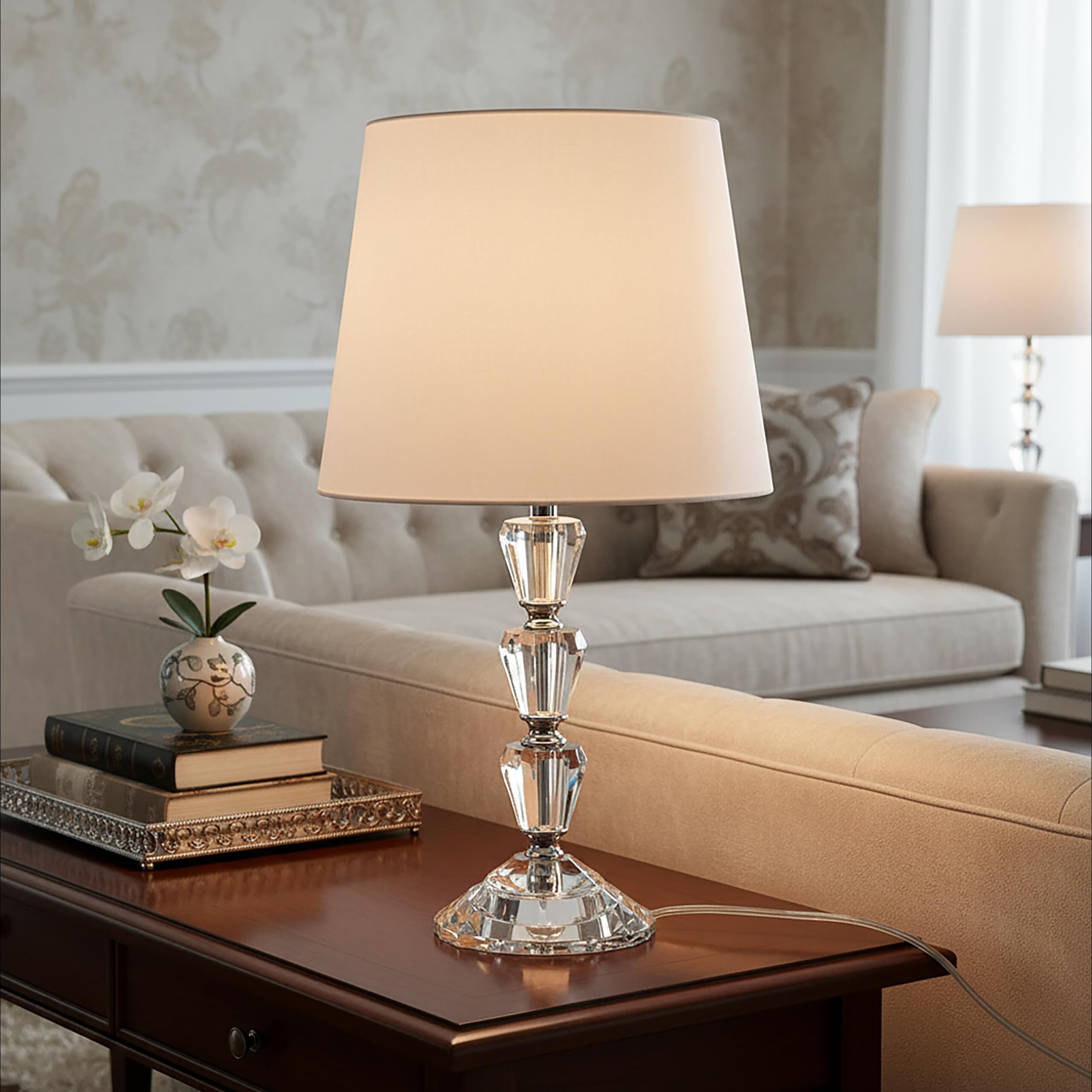 Relaxdays Lampada da Tavolo, Base in Vetro e Paralume in Tessuto, E27, H x D: 40,5 x 23 cm, Design