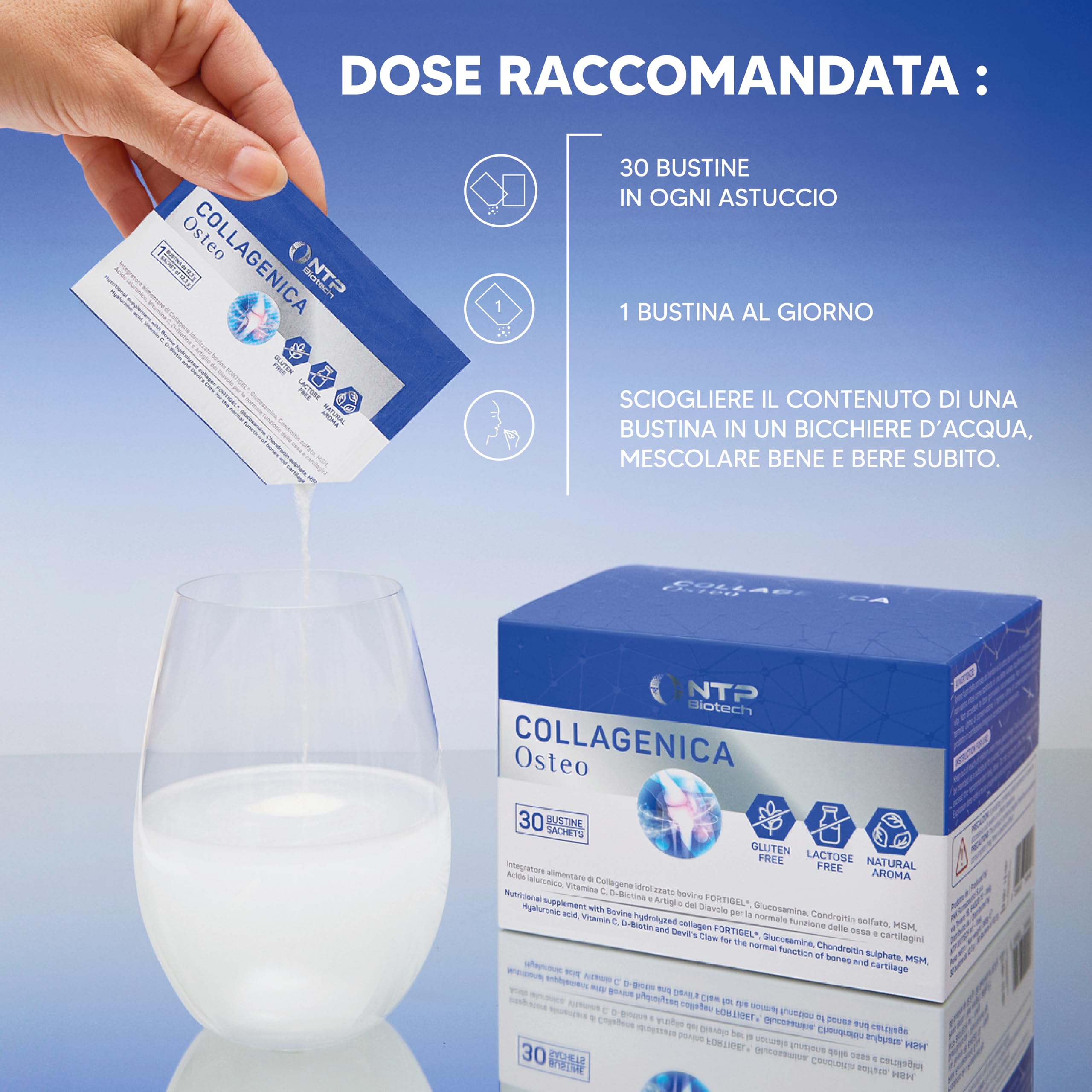 Collagenica Osteo – Supporta Articolazioni, Cartilagini e Ossa - Collagene Idrolizzato Fortigel®, Glucosamina, Condroitina, Artiglio del Diavolo – Infiammazione articolazioni e ossa. 30 Bustine