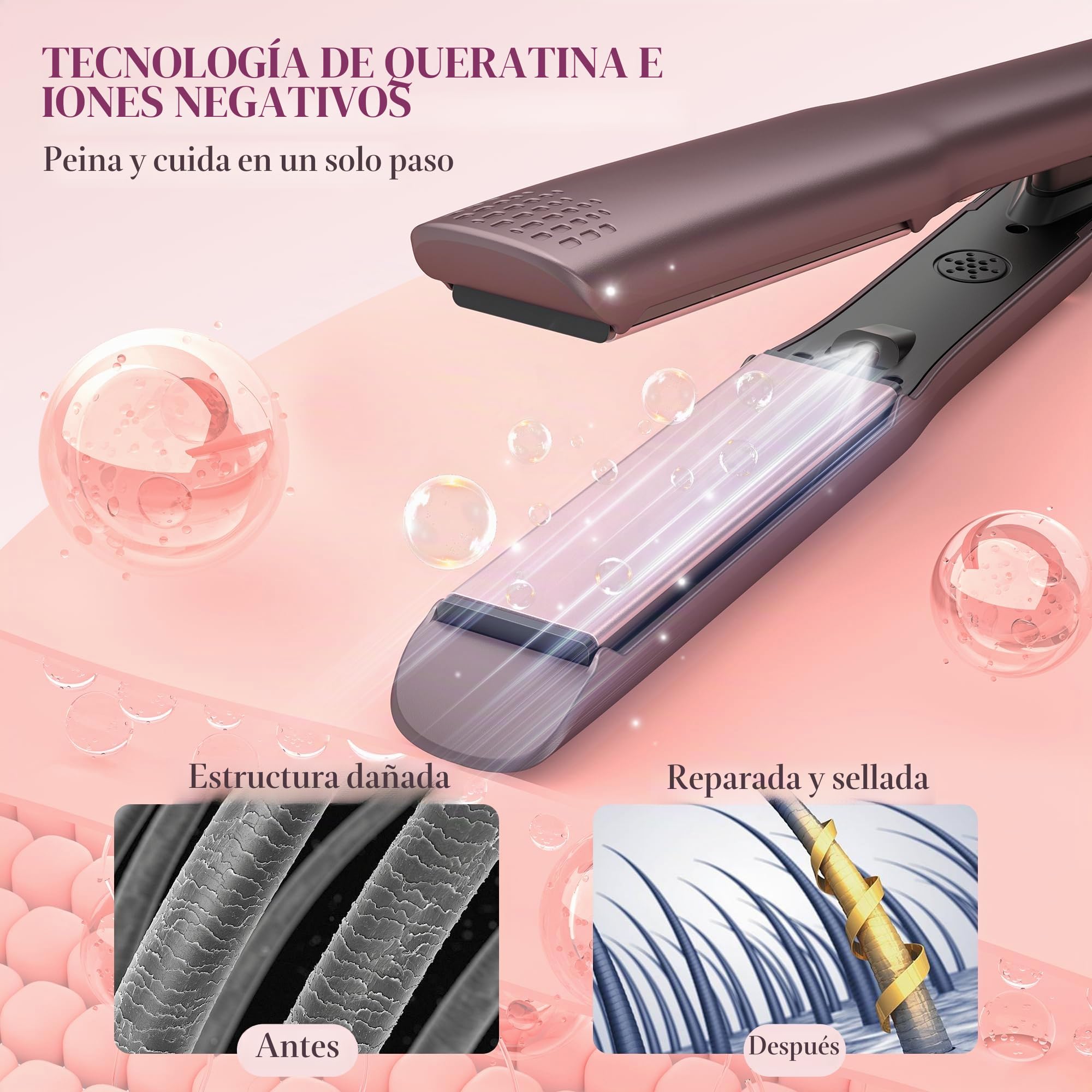 BarberBoss Plancha de pelo profesional de cerámica con placas móviles, tecnología de iones y queratina para todo tipo de cabello, alisador de peluquería (QR-8411, morado)