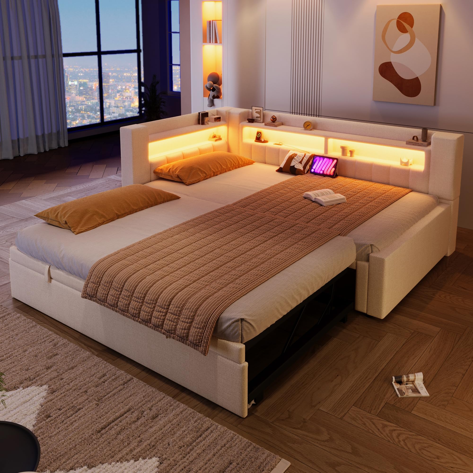 Polsterbett 90/180 x 200 mit LED und USB, Ausziehbares Schlafsofa, Daybett mit Ausziehbett, Sofabett Tagesbett Jugendbett Bettgestell, Leinen, Ohne Matratze, Beige