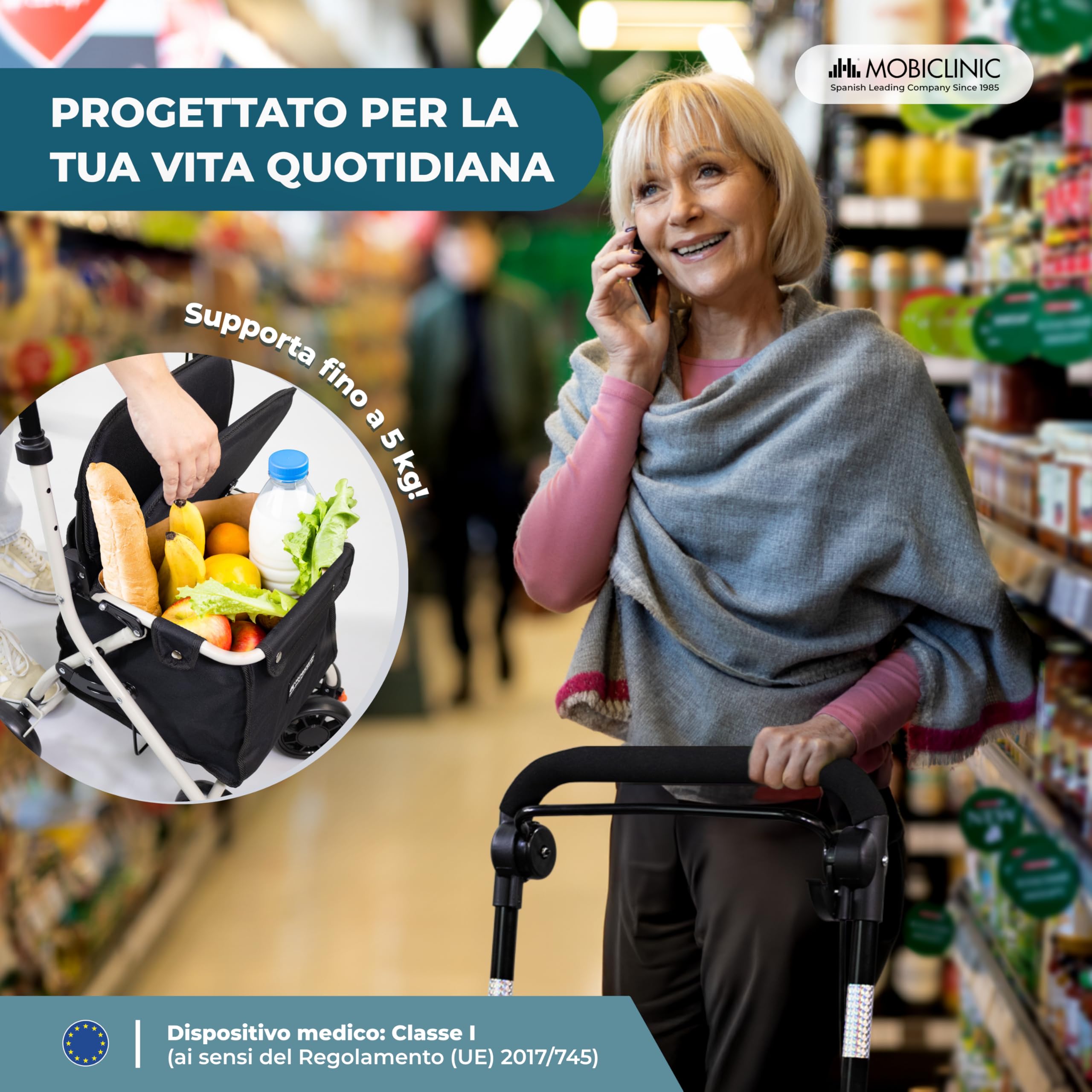 Mobiclinic®, Deambulatore pieghevole per anziani, Carrello spesa, 21 l, Modello coliseo, Marchio europeo, Con borsa della e freni, Sedile imbottito, Monoleva, Acciaio