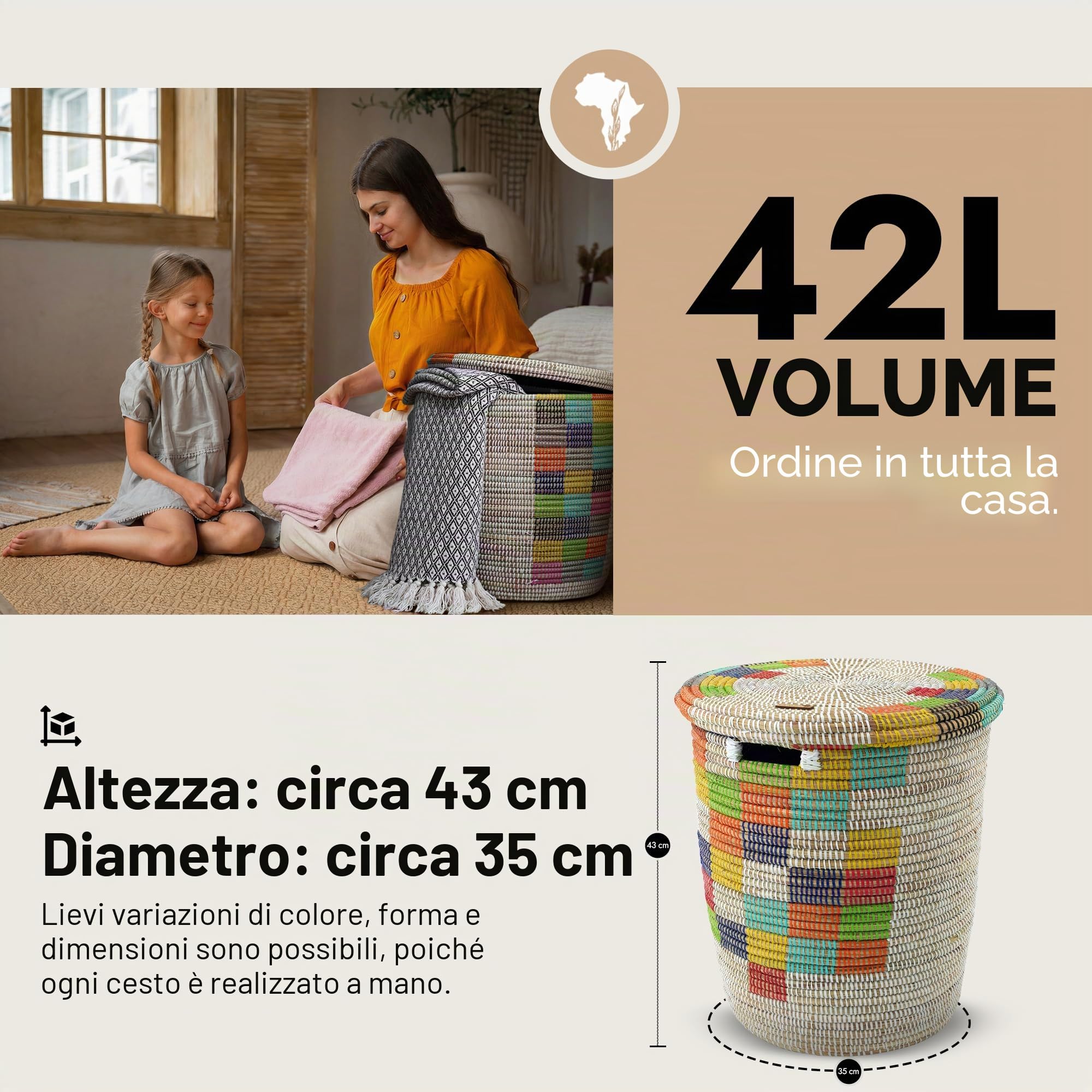 YAADU XL Cesto per la biancheria con coperchio 50L - Cesto intrecciato, cesto per giocattoli, cesto per la biancheria, raccoglitore per la biancheria Modello Numu (Bianco-Ato-Rettangolare)