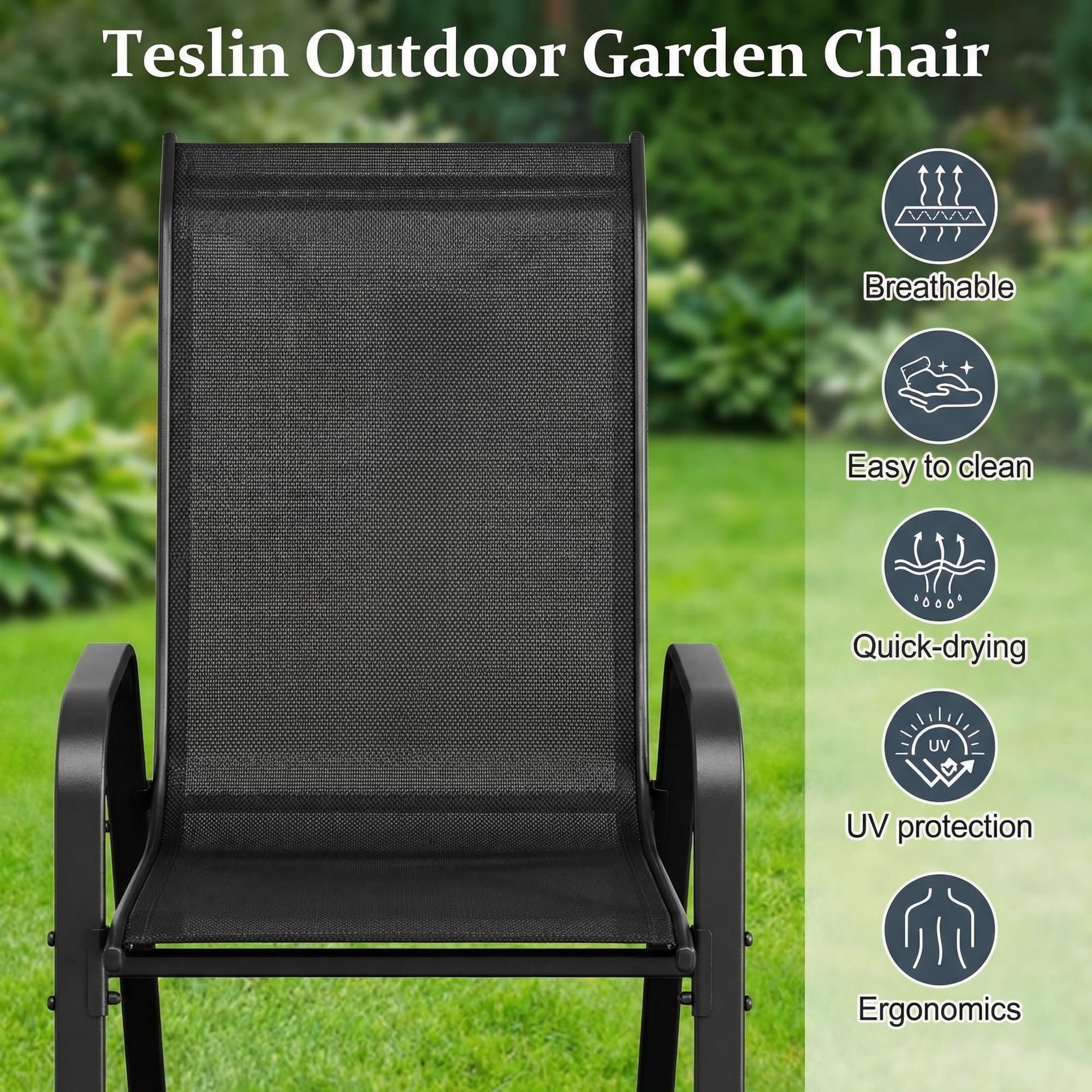 LIFERUN Set van 4 tuinstoelen, stapelbaar, campingstoel, hoge rugleuning, terrasstoel, textileen stalen frame voor tuinen, binnenplaatsen, balkons, restaurants, 150 kg belastbaar, 54 x 69 x 93 cm