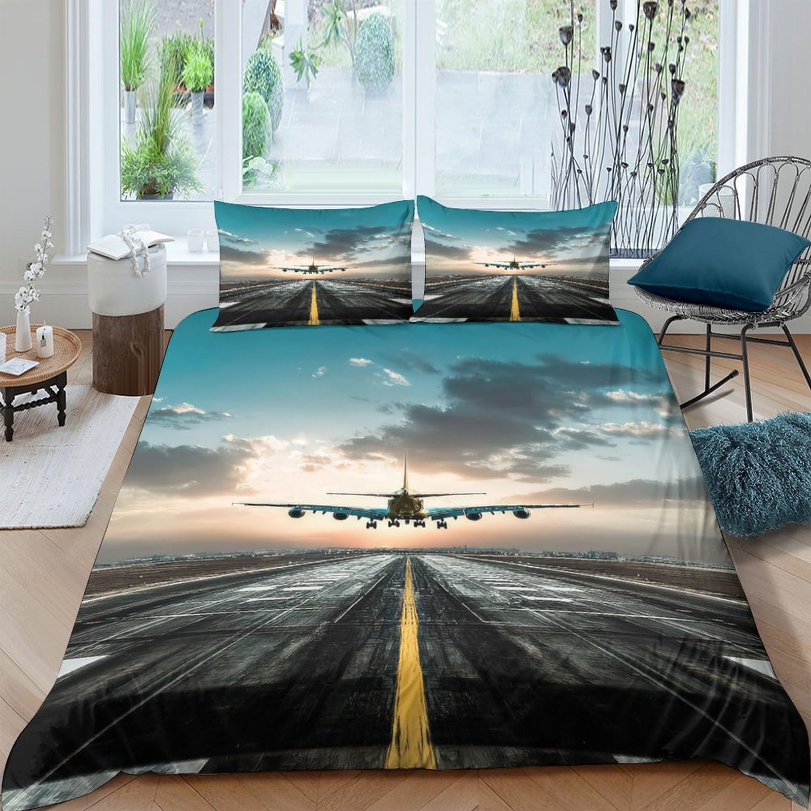 Ctjqhvkz Style-5 3D Printed Runway Sunset Fitted Sheet Microfiber Soft Airplane Bed Cover For Bedroom Dorm Decor Mattress Protection Single（135X200cm）