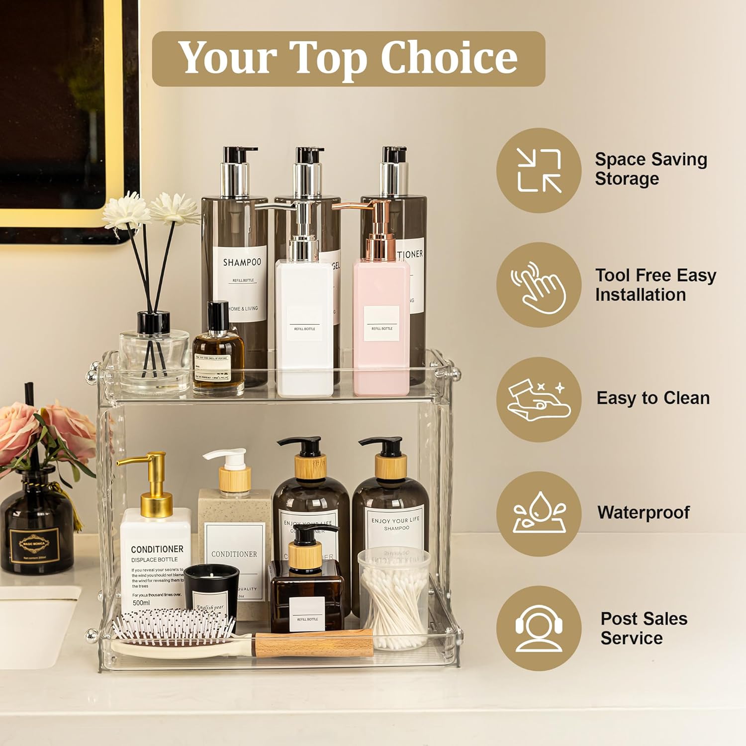 HUXOR Bathroom Countertop Organizer, 2 Tier Makeup Storage Organizer, Skincare Organizers, Clear Acrylic Large Perfume Shelf for Bathroom, Vanity, Bedroom, Living Room, Coffee Bar