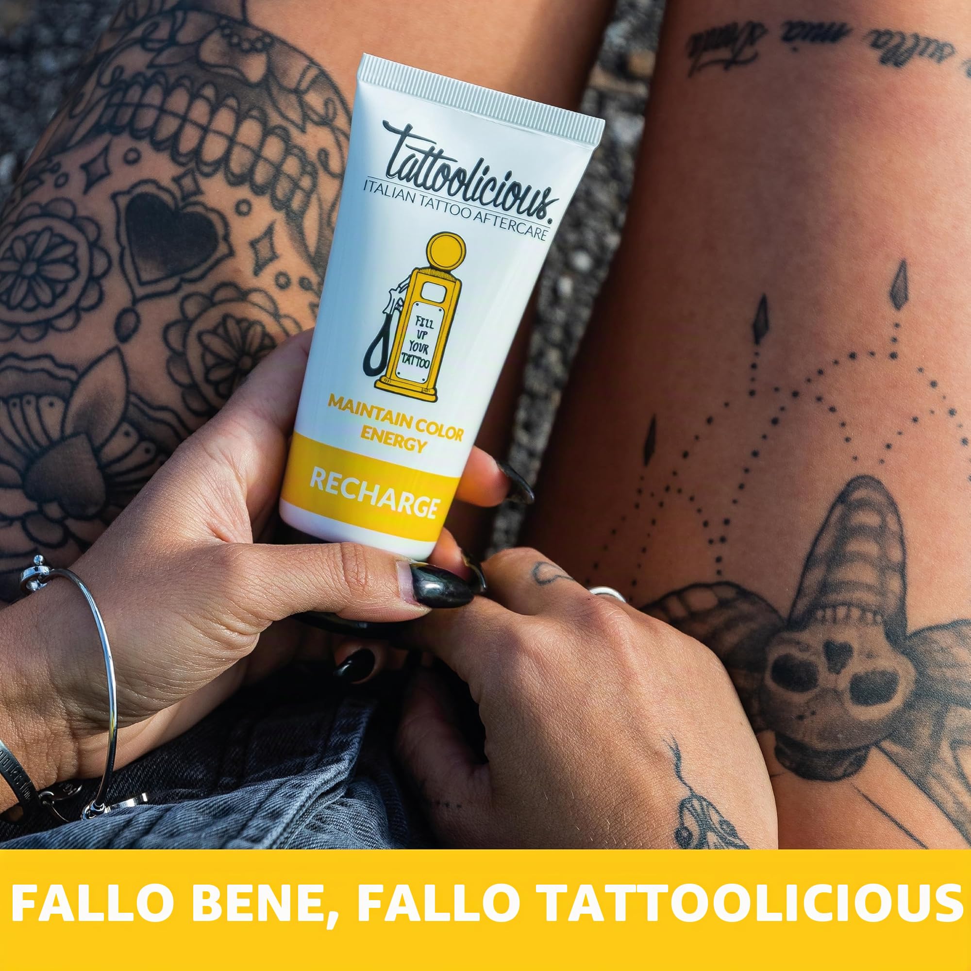 Tattoolicious RECHARGE 100 ml – Crema Rivitalizzante e Anti-Age per Tatuaggi | Neri e Colorati | Con Ingredienti Naturali e Principi Attivi Bio, Vegan, Cruelty Free, Derma Tested | Made in Italy