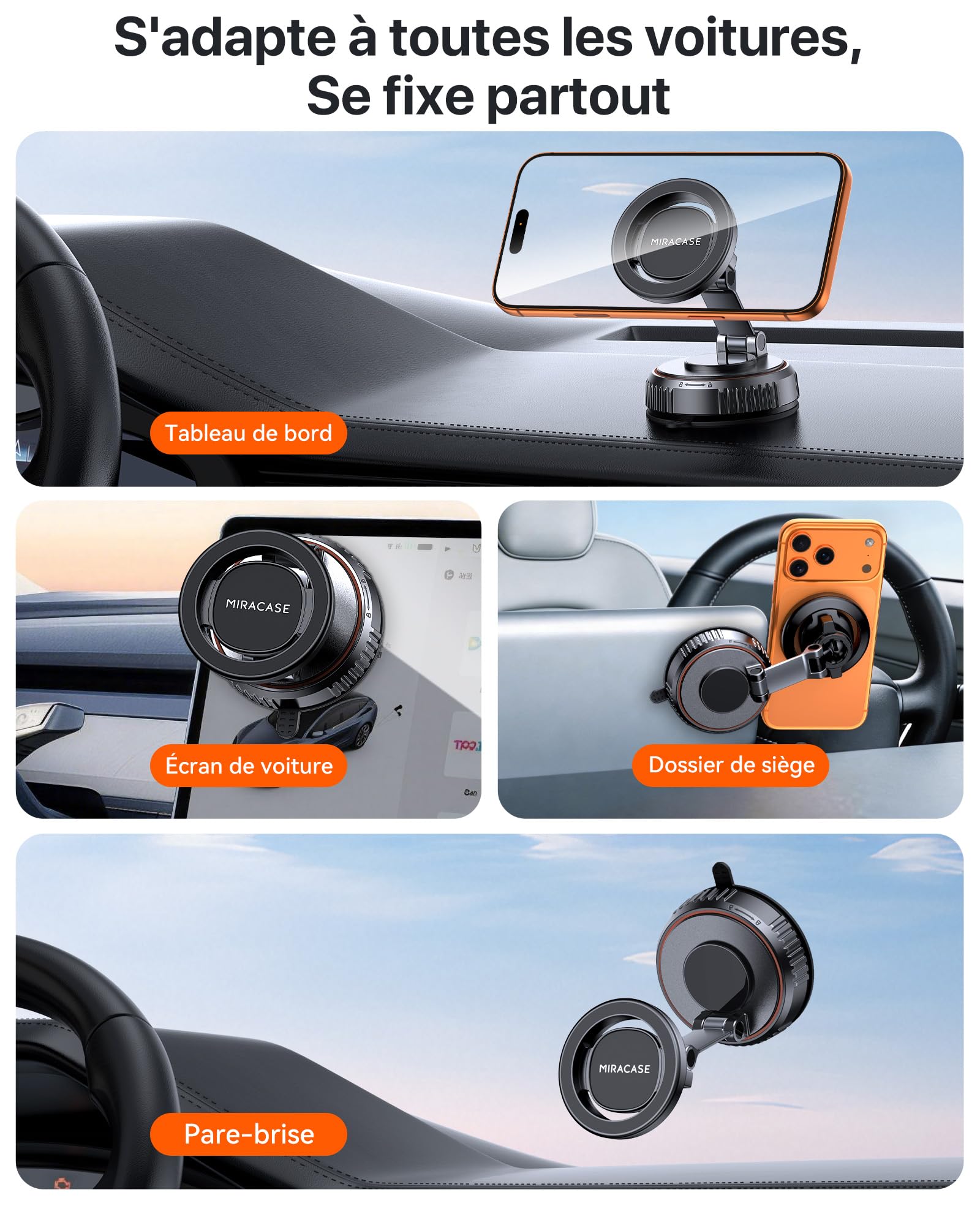 miracase Support Telephone Voiture pour MagSafe Dernière Version Améliorée | 3600gf Aimant Puissant, 89LBS Base à Ventouse, Rotation 360°, Compatible avec iPhone 17 16 15 et Autre Smartphones
