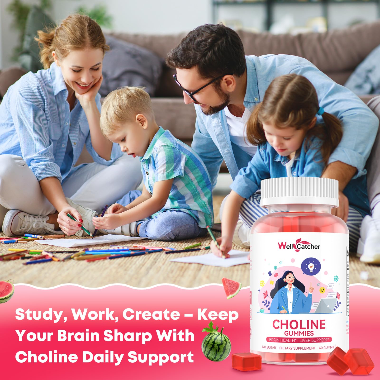 CDP Choline Supplement Gummies 550 mg: Citicoline Brain Supplement for Memory Focus Liver Health with DHA B12, High Potency Sugar Free Vegan Watermelon Flavor 30 Days — Amazon image 5