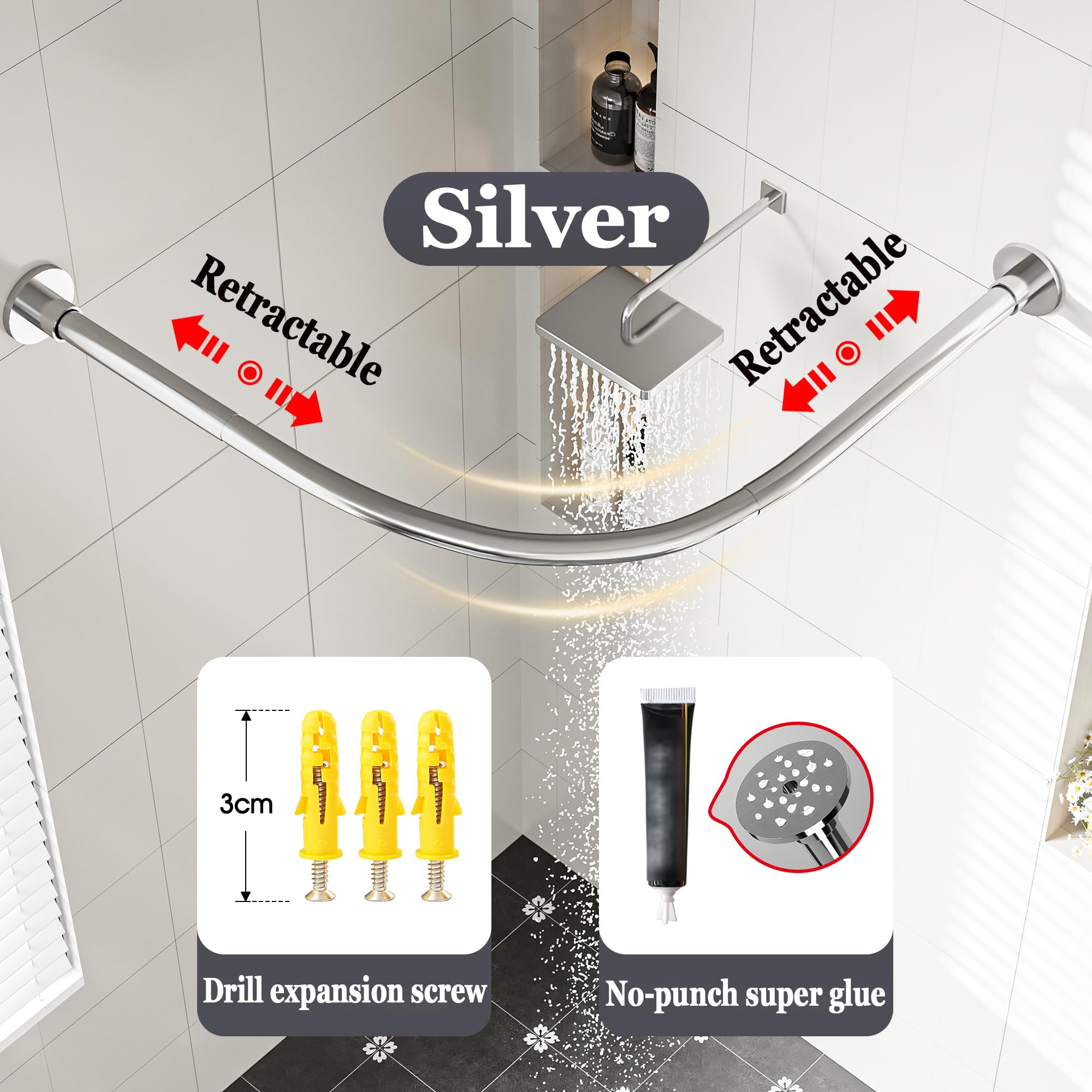 Barre De Douche En Forme De L En 304 Acier Inoxydable, Tringle Rideau Angle Extensible, Pour Salle De Bains, Magasin De Vêtements, Maison, Hôtel(Size:C 90-130cm x 90-130cm,Color:Argent)