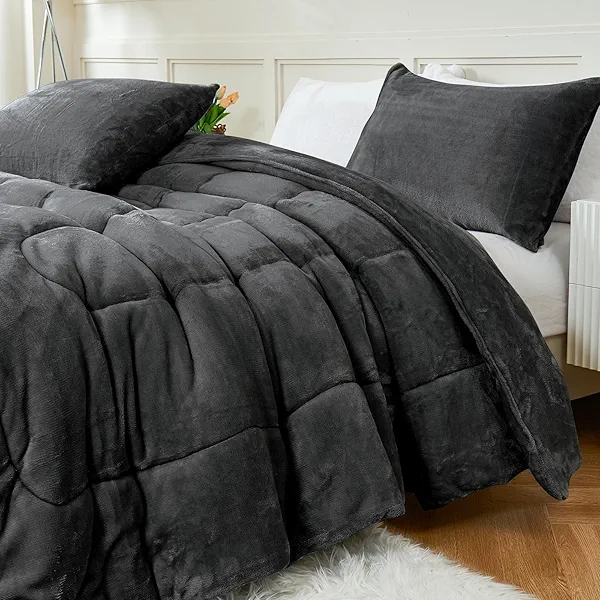 YIYEA Faux Fur Comforter Set Queen Size, Luxury Ultra Soft Fuzzy Comforter, Fluffy Plush Velvet Bedding Comforter Sets for Fall Winter, Cozy Warmth, No Shedding, 3PC, Dark Grey
