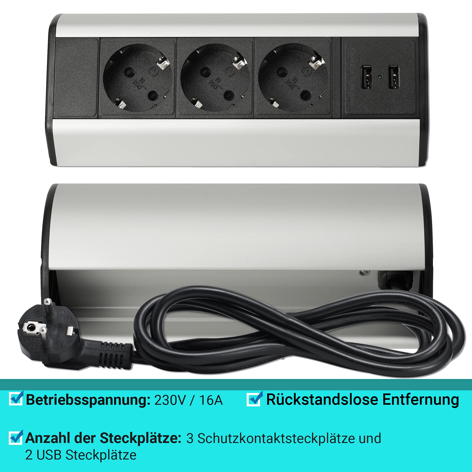 Mehrfach-Steckdose 3-fach & 2x USB mit 2M Kabel - Steckdosenleiste als Schreib-Tischsteckdose und Steckdosenverteiler - Steckerleiste für Küche Büro Stromleiste mit einfacher Montage