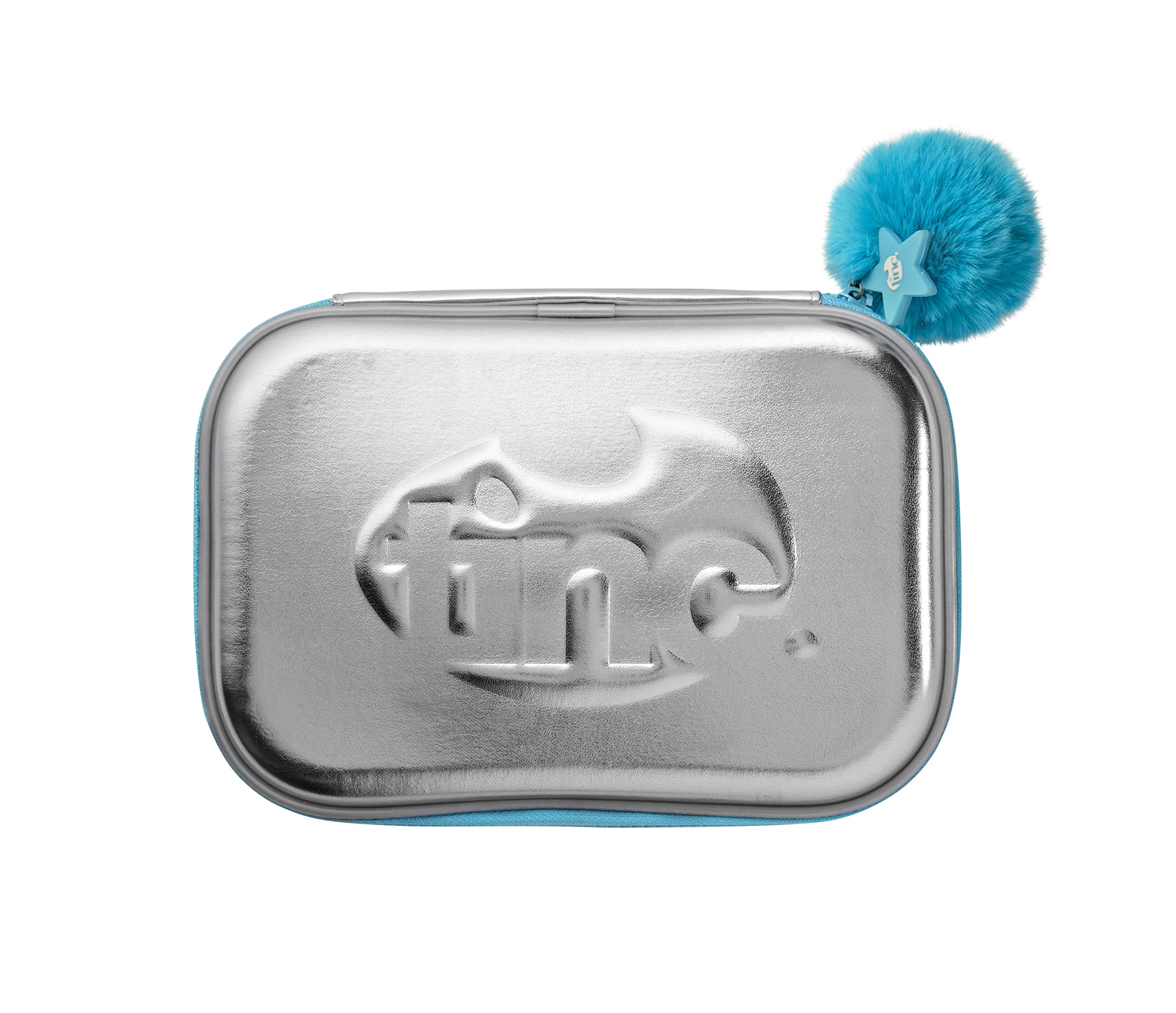 Tinc Premium Metallic Embossed Hard Top Pencil Case with a Fluffy Bobble Zip for Kids | for use at School & Home | Durable with Multiple Compartments Inside - Blue