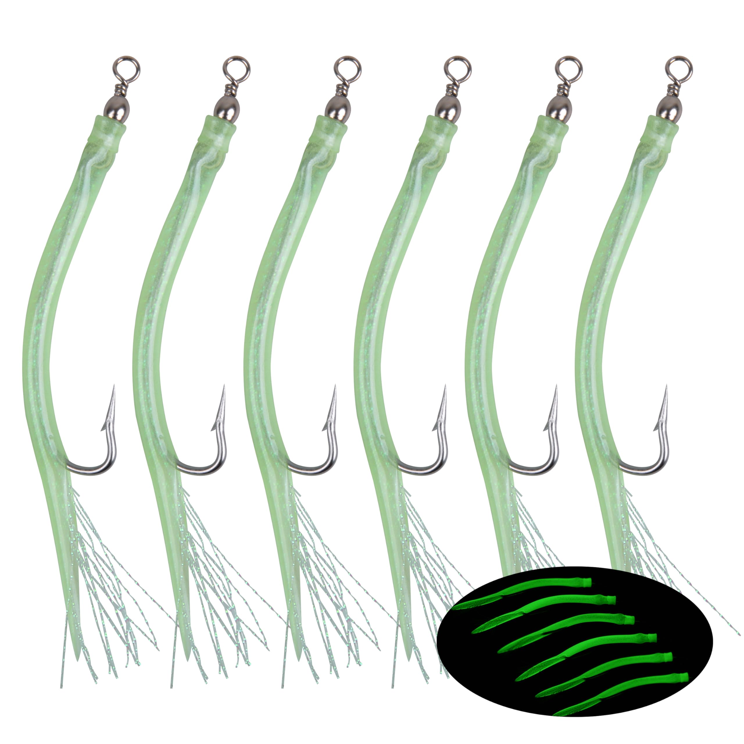 Striped Bass Trolling Tube Lures Saltwater Cod Rig Tube Teasers with Stainless Steel Hook Swivel for Offshore Trolling Striper Bass Cod Big Game Fishing 10/0 Green, 6pcs