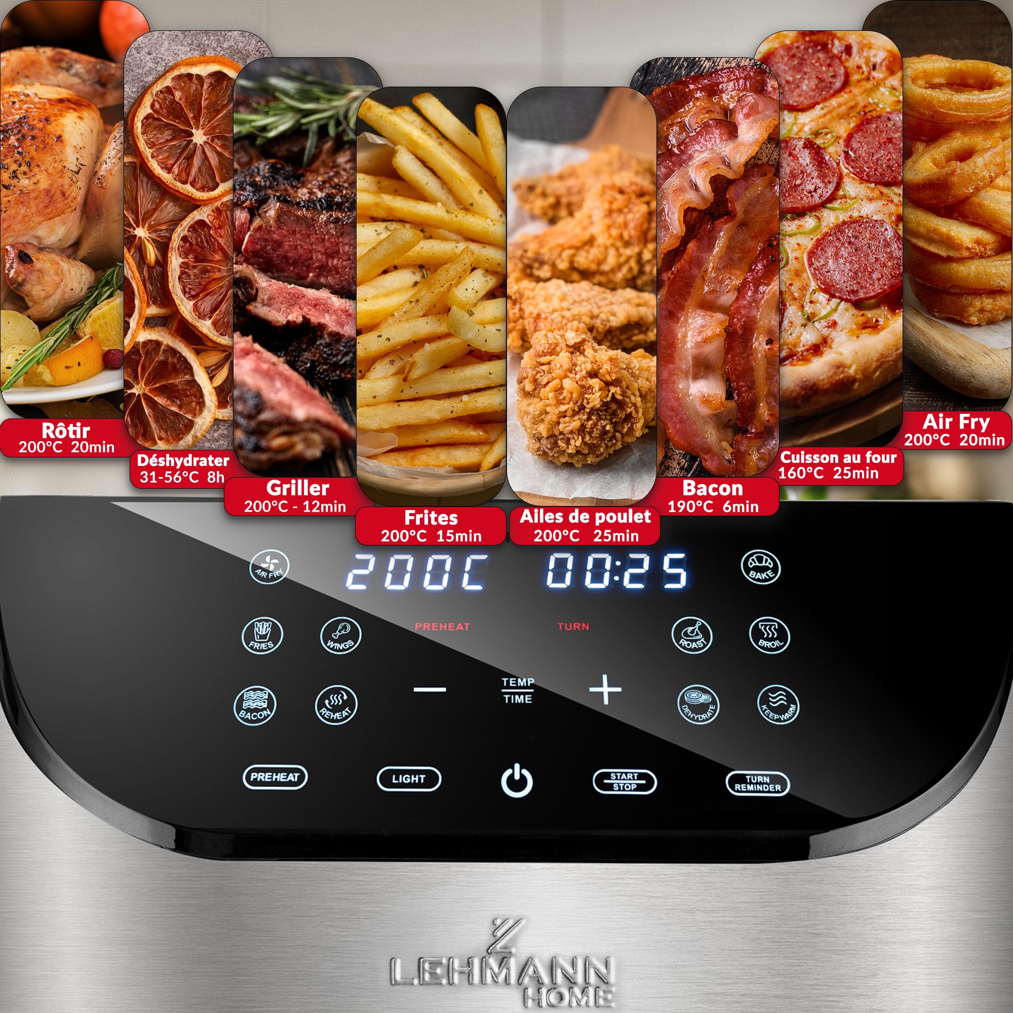 LEHMANN Air Fryer XXL 8L avec Compartiment Flexible Dual Zone, 12 programmes, Réglage de la Température 76-200 °C, Écran Tactile LED, Revêtement Antiadhésif, 90% de Matières Grasses en Moins