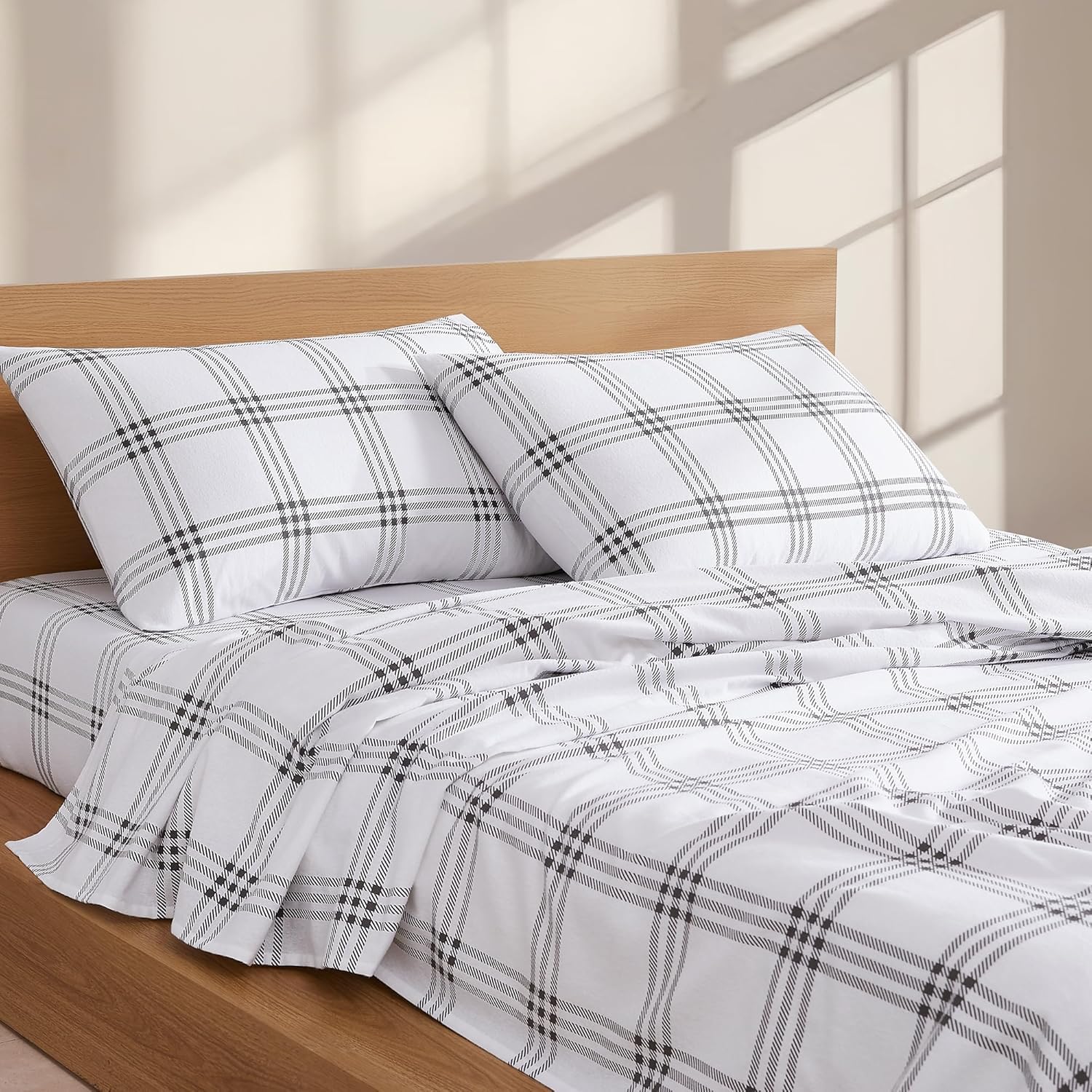 Linen Closet 160 GSM 100% Cotton Percale Sheet Set Queen Gray Tartan