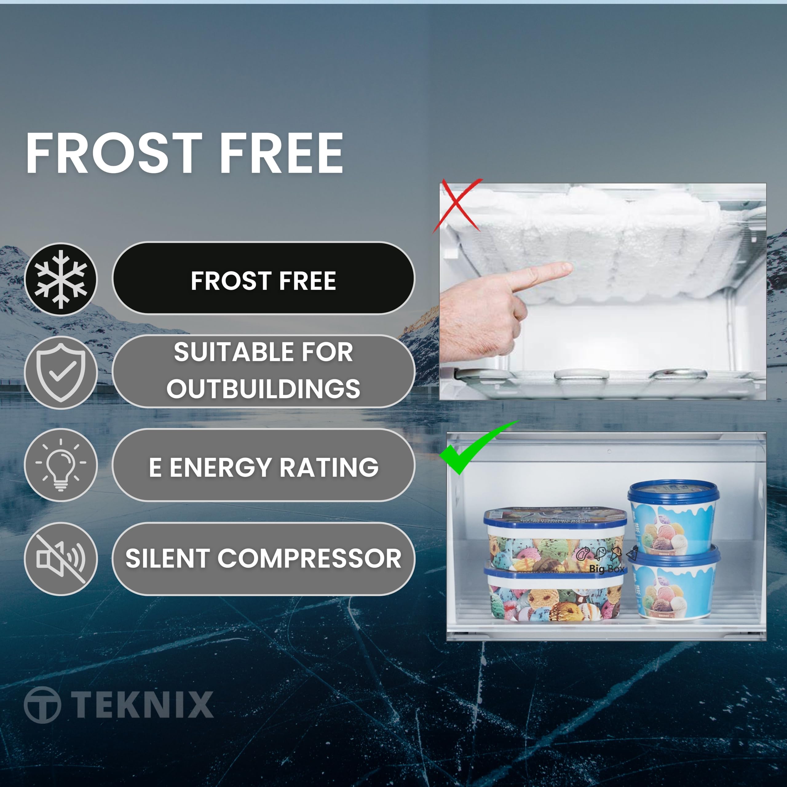 Teknix TFF1715W Freestanding Tall Freezer - Upright with 204L Capacity - Frost Free - Suitable for Outbuildings - Reversible Door - 6 Large Drawers - White, H171.0 x W55.0 x D60.0 (cm) — view 4