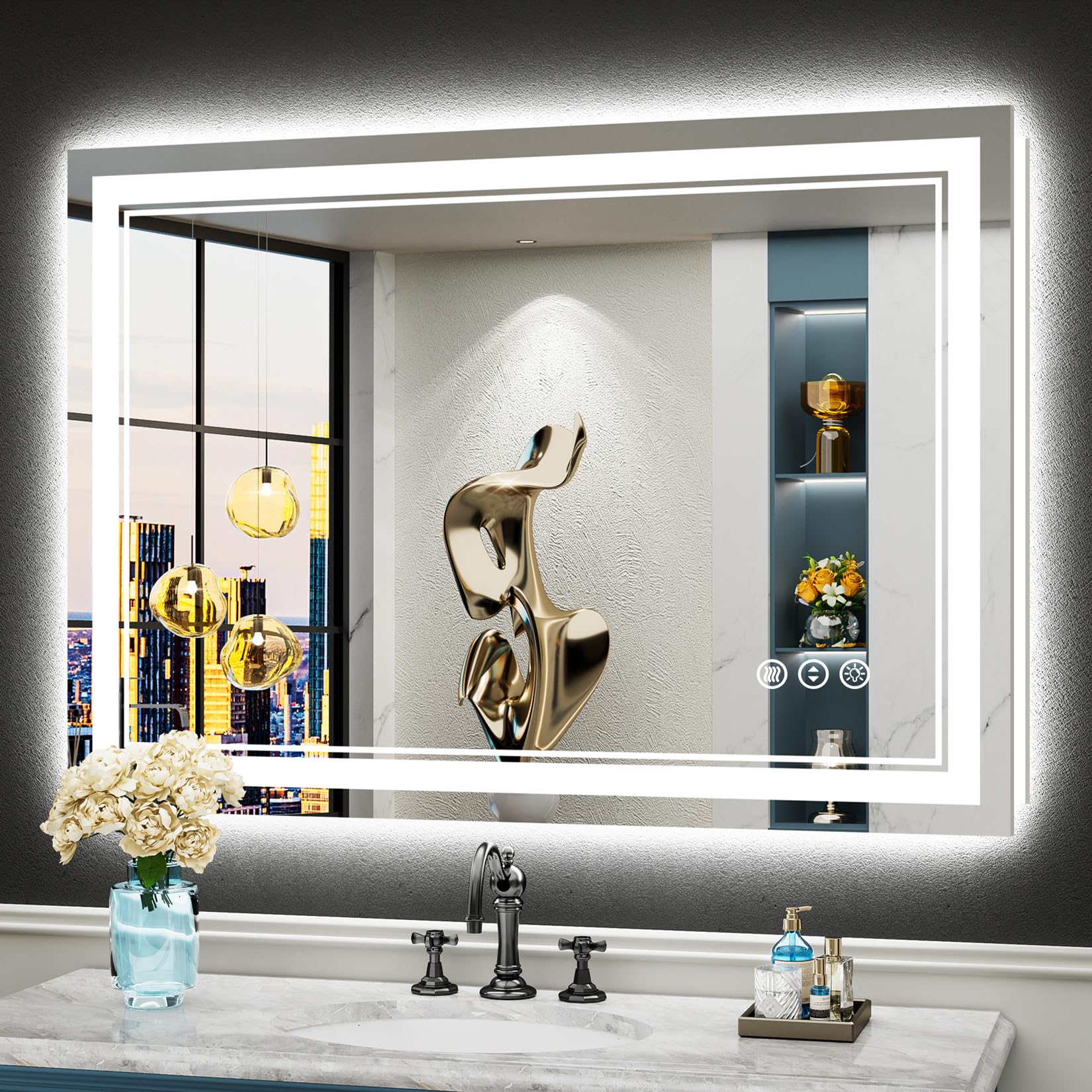 44x30 LED Bathroom Mirror with Lights, Backlit &amp; Front Lit Anti-Fog | Lighted Vanity Mirror, Dimmable, 3-Color Temp, Memory, CRI95, Tempered Glass, IP54 Waterproof, UL Listed, Horizontal/Vertical