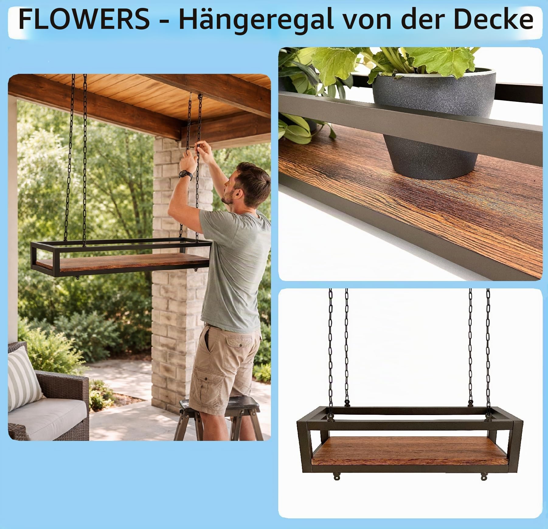 yelloo - Pflanzenregal Indoor Outdoor, Balkon Deko, Blumenständer Metall Hängendes Regal mit Ketten für Garten, Ideal zum Pflanzgefäßes im Freien (FLOWERS 55 cm, Braune/Walnüsse)