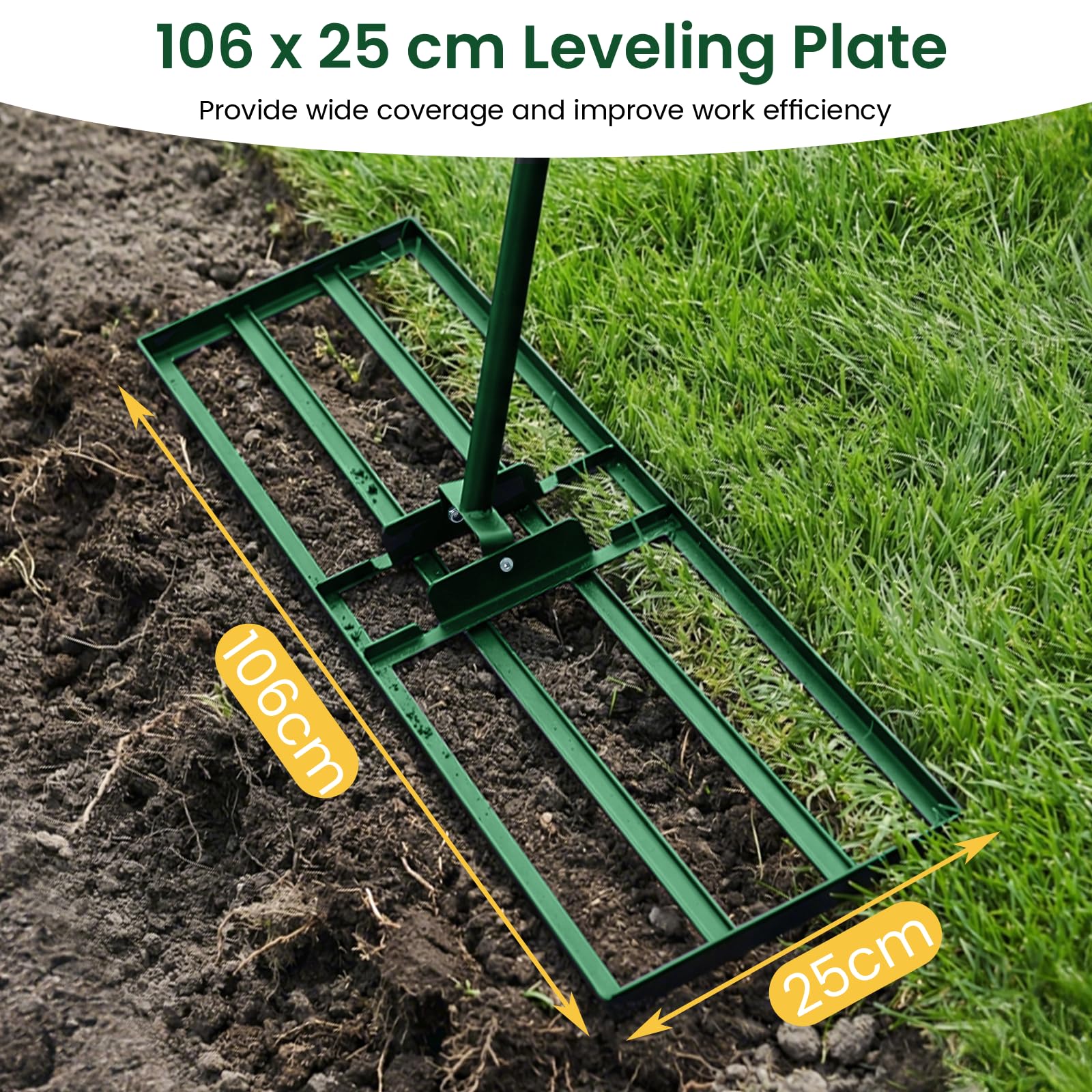 Rastrello livellatore per prato, 75 x 25 cm/30” x 10” Attrezzo livellatore per prato in metallo resistente con manico regolabile, livellatore per terreno a basso sforzo per giardino, prato, campo d