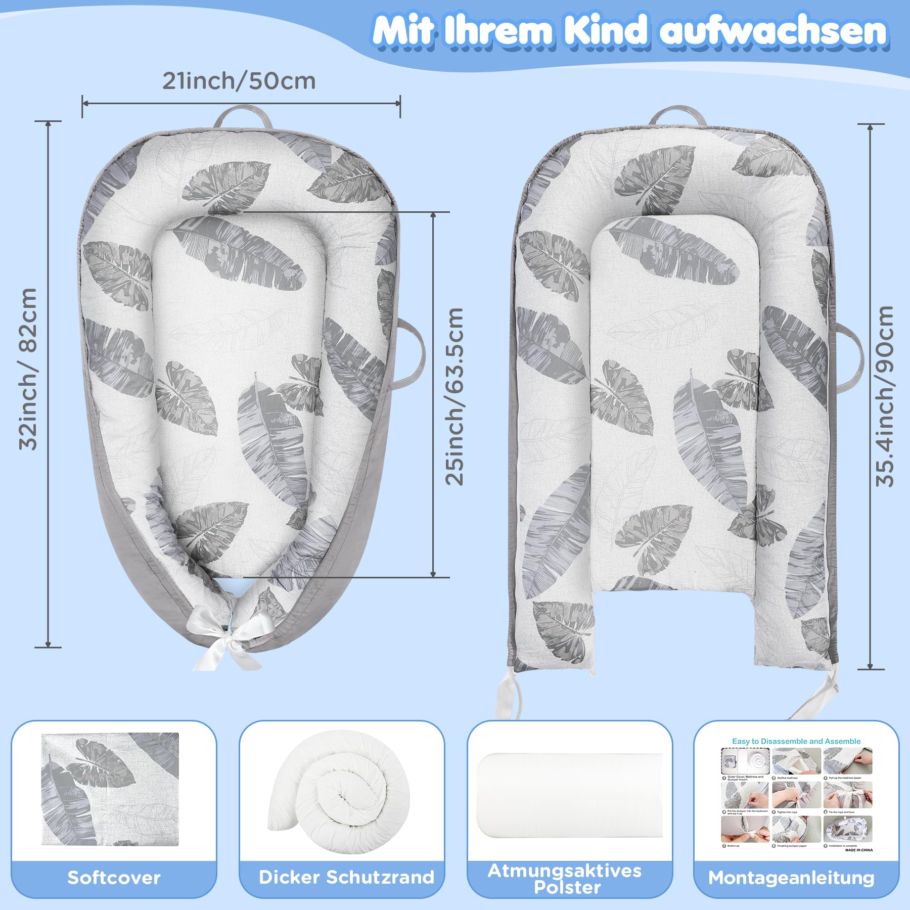 URMYWO Baby Nest - Cuna para recién nacido, 90 x 50 cm, hecha a mano, de doble cara, de viaje, 100 % algodón, nido de bebé