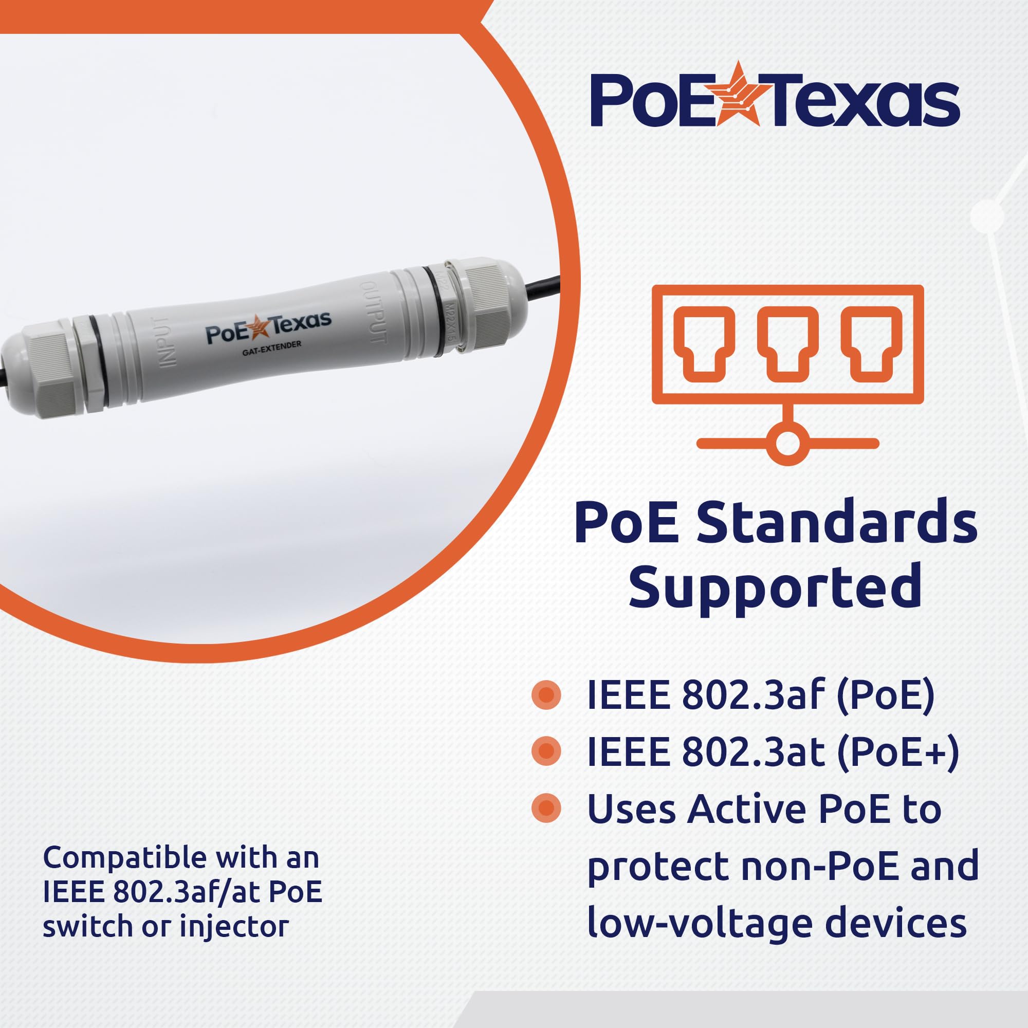 PoE Texas Répéteur PoE extérieur – Extension étanche IP67 Plug & Play Étend 22 watts de puissance et de données Gigabit jusqu'à 100 m aux appareils haute puissance – Compatible avec commutateur ou