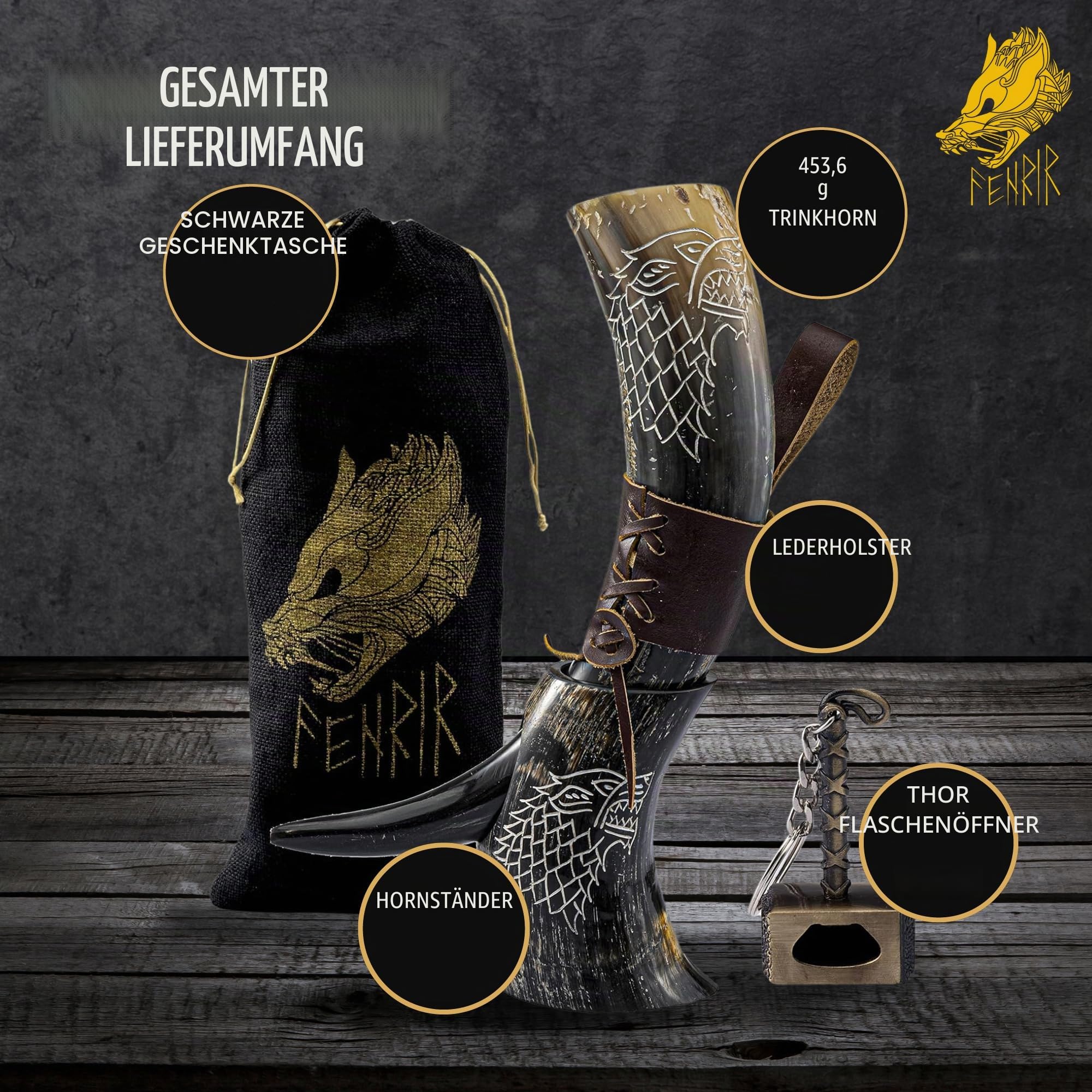 FENRIR Wikinger Trinkhorn aus echtem Leder mit braunem Holsteröffner, Wolf für Ale Met, Geschenk für Männer und Frauen, 100 % authentisches mittelalterliches Nordhorn, Größe 425 - 510 ml, natürlicher