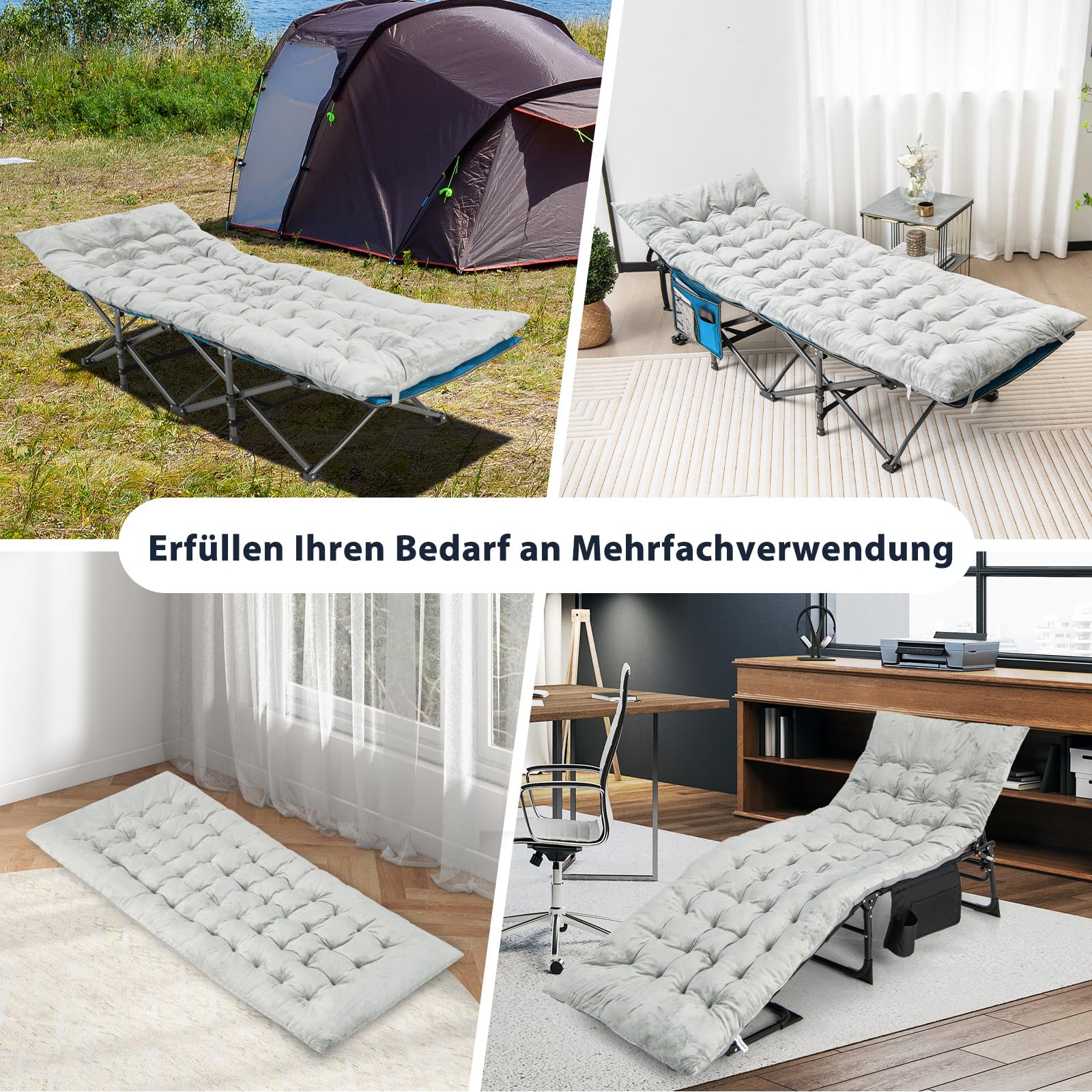 COSTWAY Baumwolle Feldbett Auflage, 7 cm Dicke Martratze mit Befestigungsbändern, Mehrzweck für Campingbett, Sonnenliege, Gartenliege, 190 x 70 cm, Grau