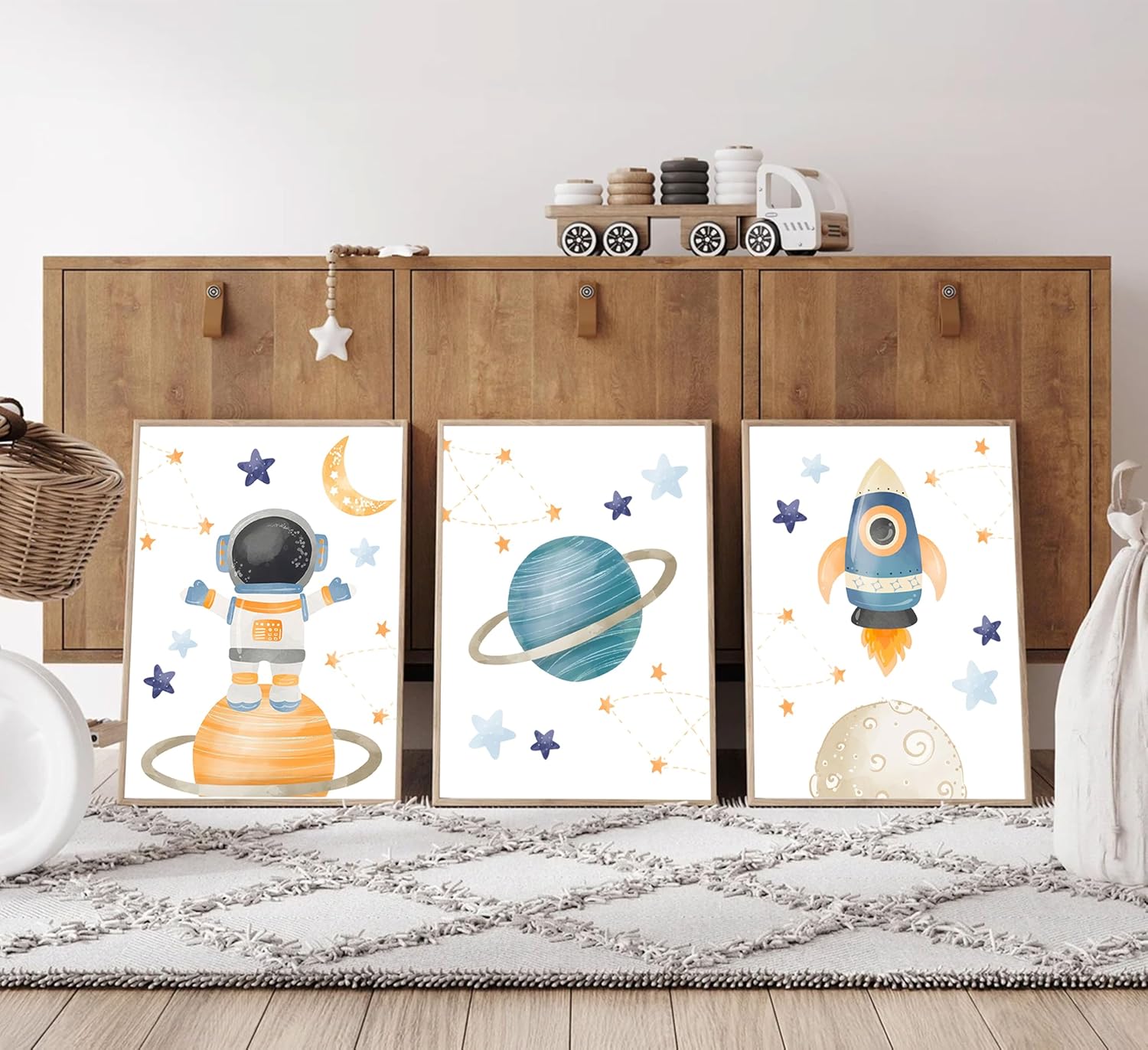 3Pcs Space Nursery Wall Art Fun Planet Canvas Poster Print Rocket and Astronaut Pictures Explore Dream Galaxy Painting Artwork Children's Room Wall Decor for Boys' Room Classroom 16x24in Unframed
