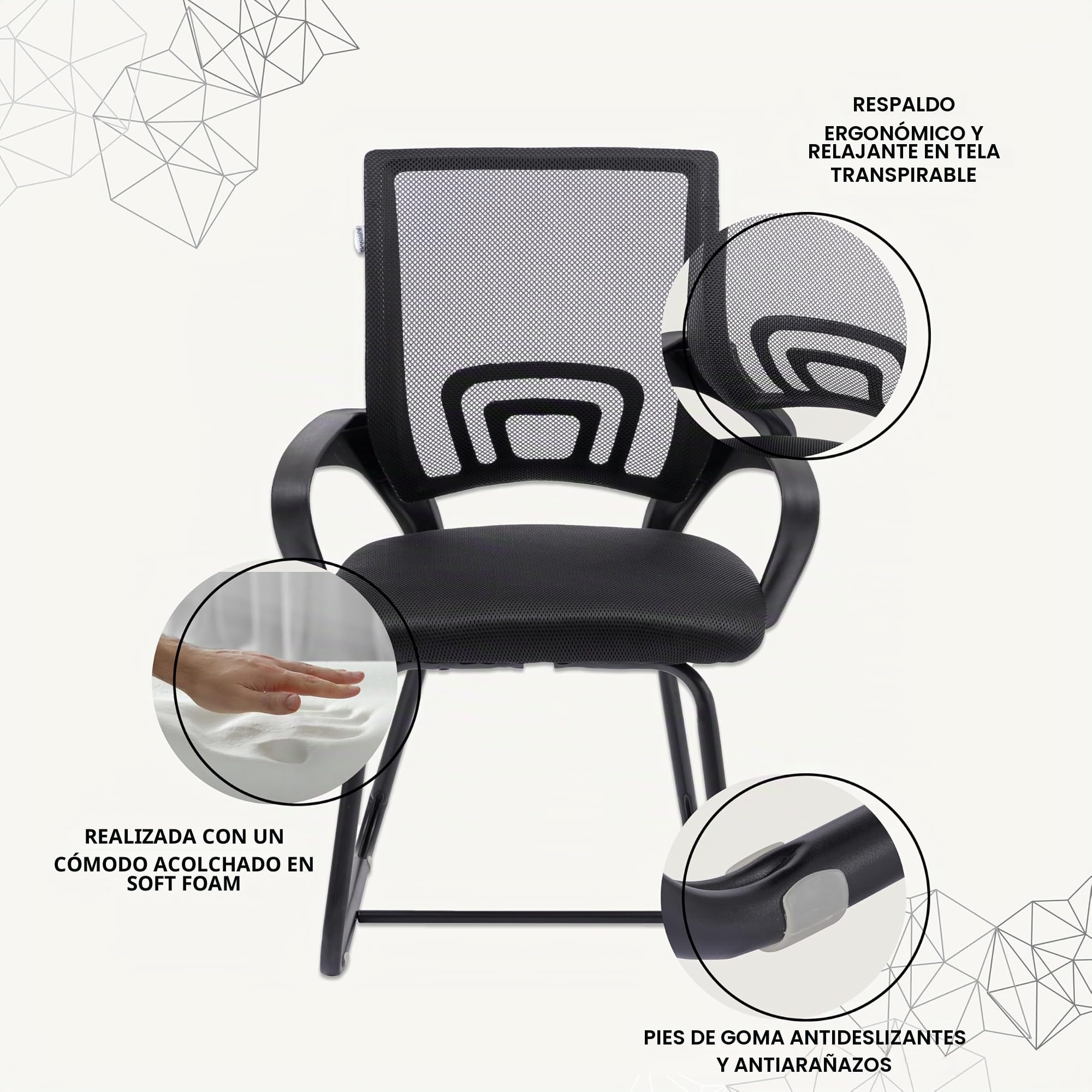 Baroni Home Silla de oficina con reposabrazos con respaldo ergonómico de tela transpirable, silla en voladizo para salas de espera y conferencias, carga 130 kg, negra con patas negras, 46 x 50 x 88 cm
