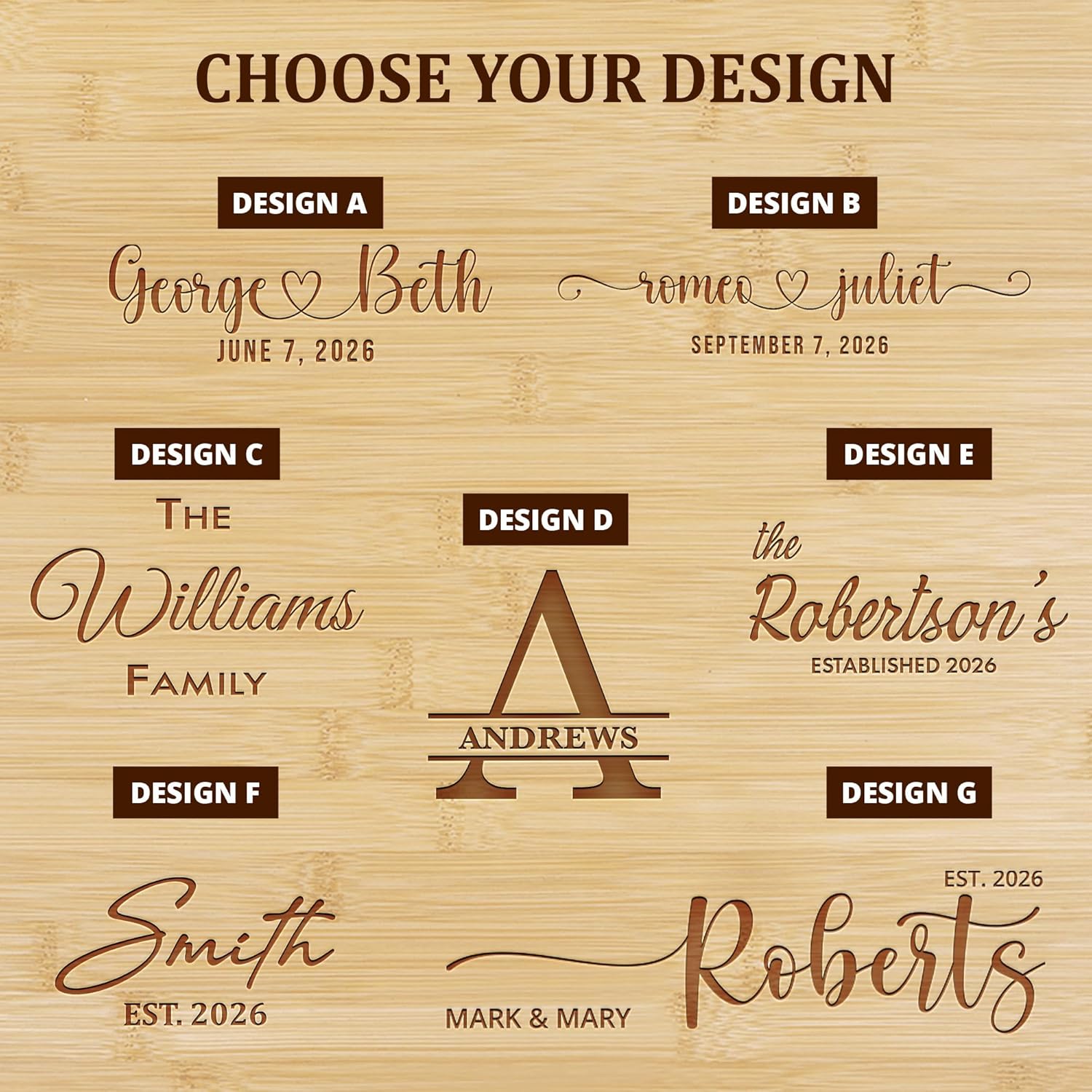 Custom Cutting Board - Personalized Cutting Board Wood Engraved - 4 Sizes & 7 Designs - Bamboo Charcuterie Custom Wedding Gifts for Couple, Bridal Shower, Engagement, Anniversary and Housewarming - Image 3