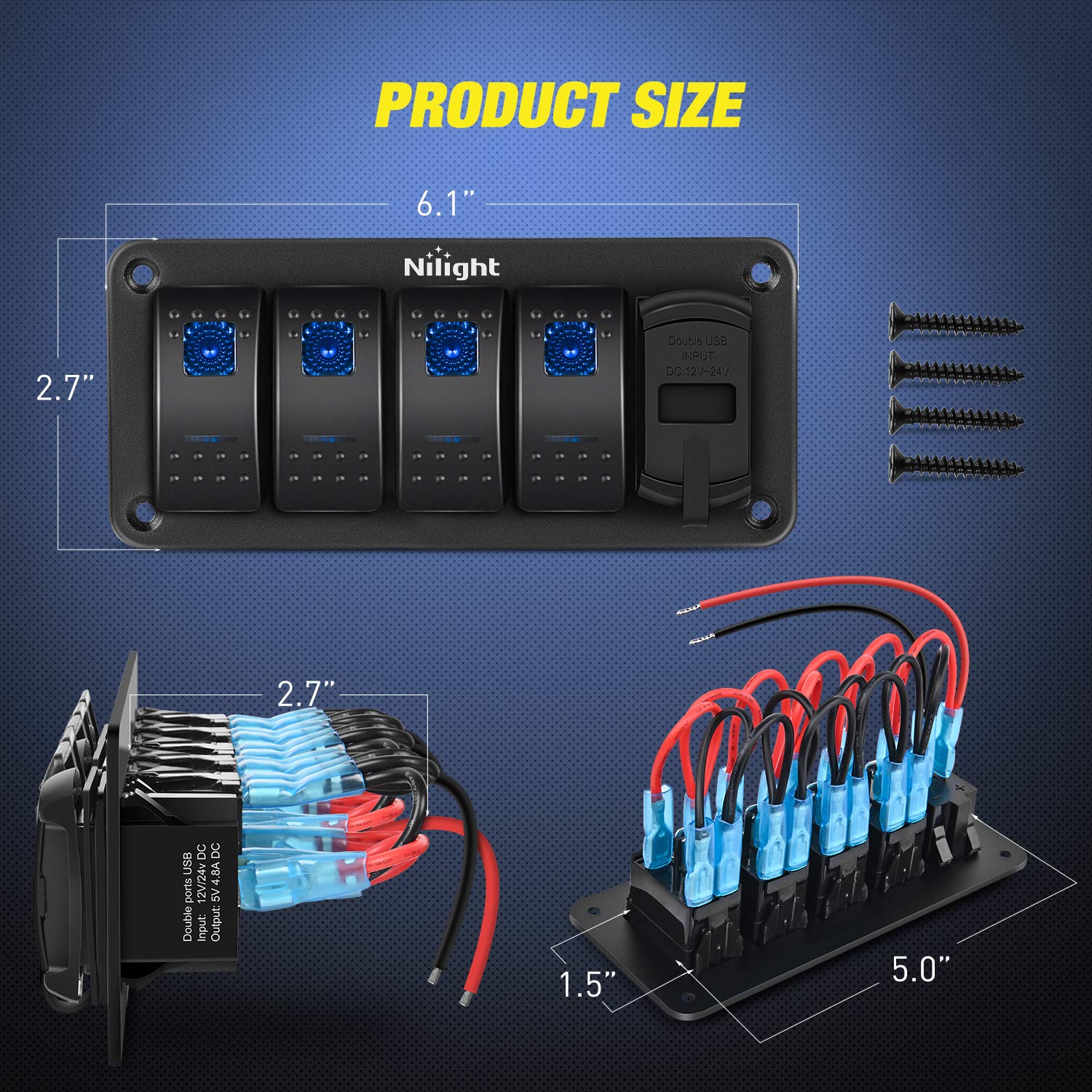 Nilight 4 Gang Rocker Switch Panel Blue Backlit with PD Type C and USB Charger Voltmeter Waterproof 12V 24V DC Switches with Night Glow Stickers for Car Trucks Boats RVs