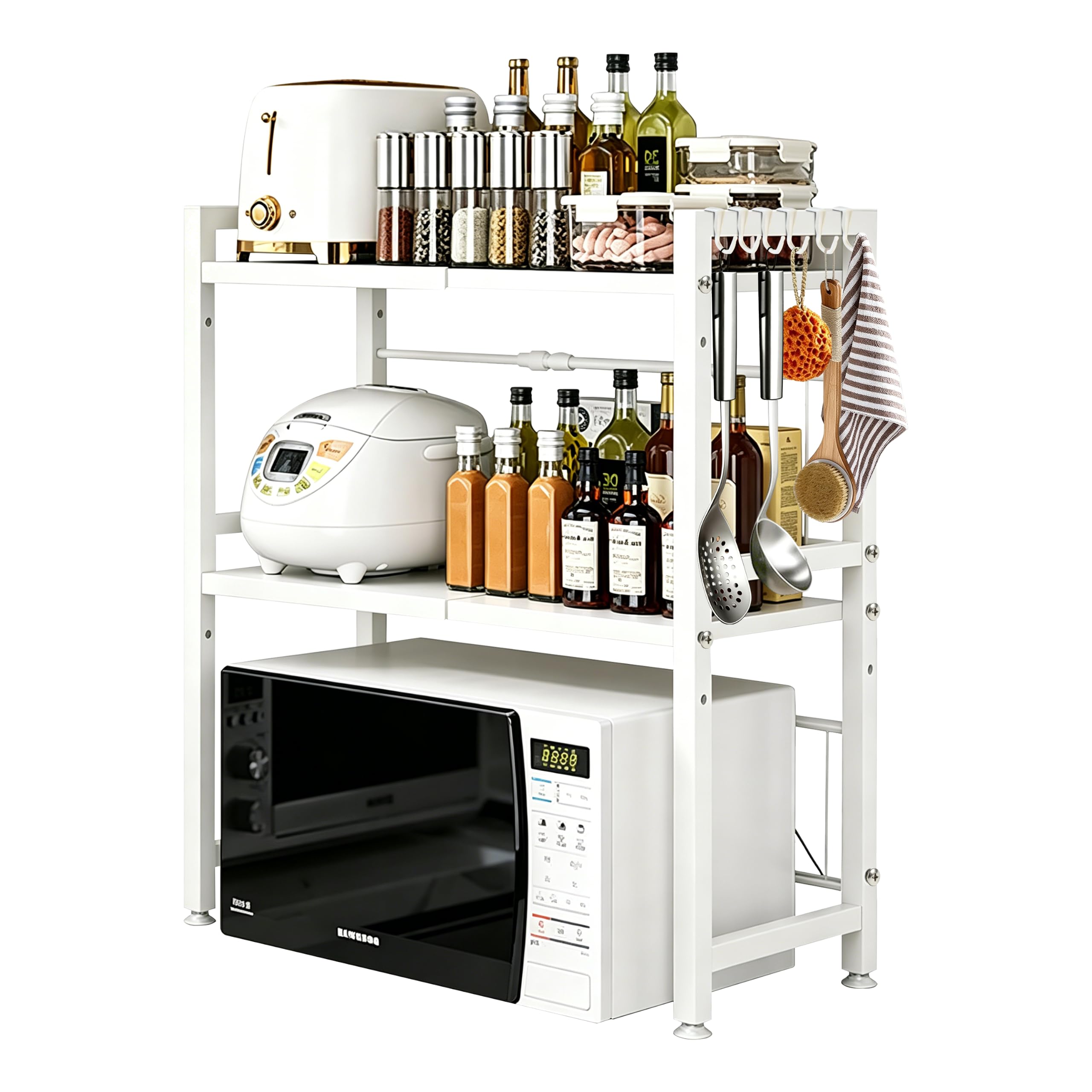 Expandable Microwave Shelf, 3 Tier Microwave Stand with 6 Hooks, White