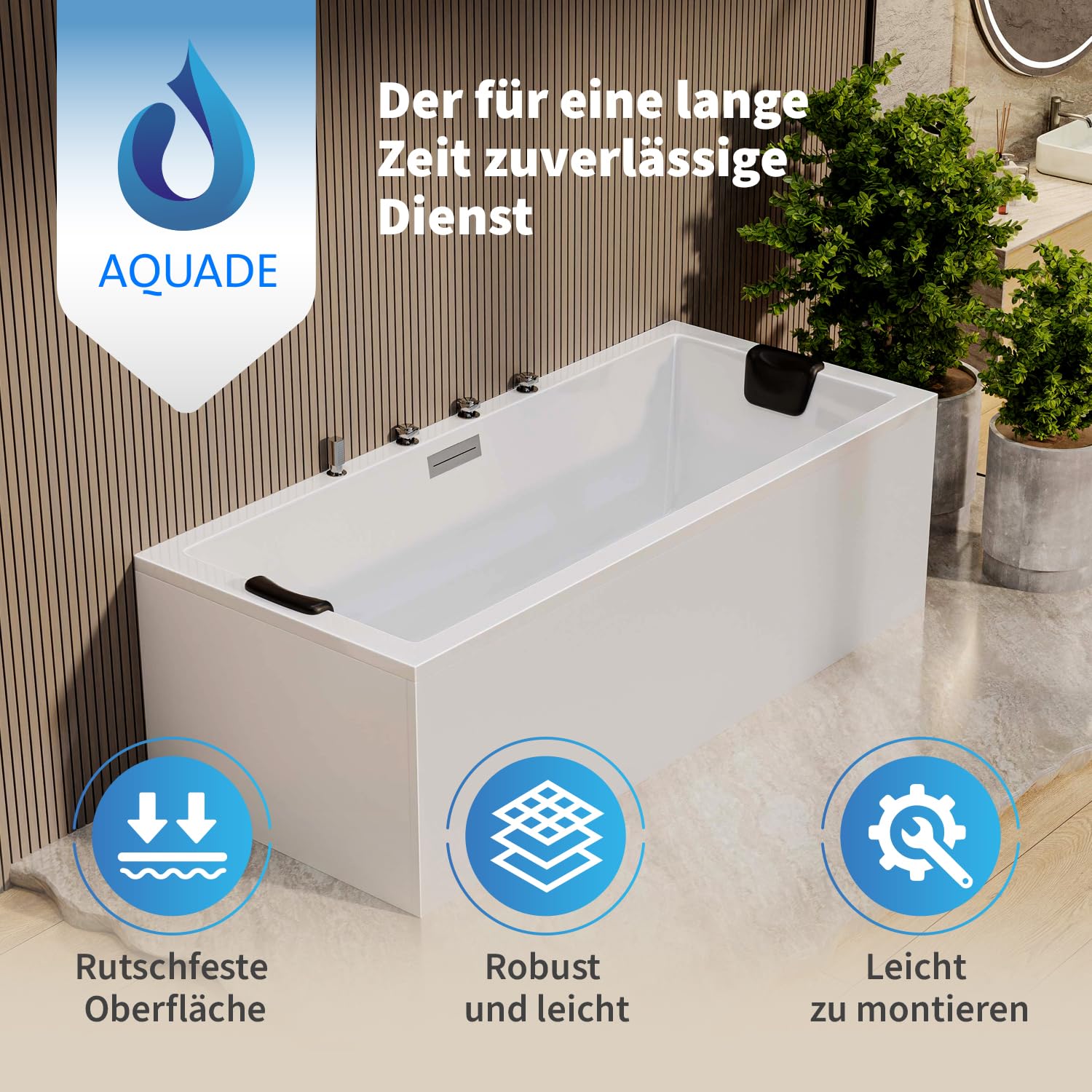AQUADE Acryl Badewanne 170x75 Modell: Neu Ulm - Weiß Badewanne Komplettset 170x75 - Badewannen mit Wannenfüßen + Schürze + Wannenrandarmatur + Nackenkissen