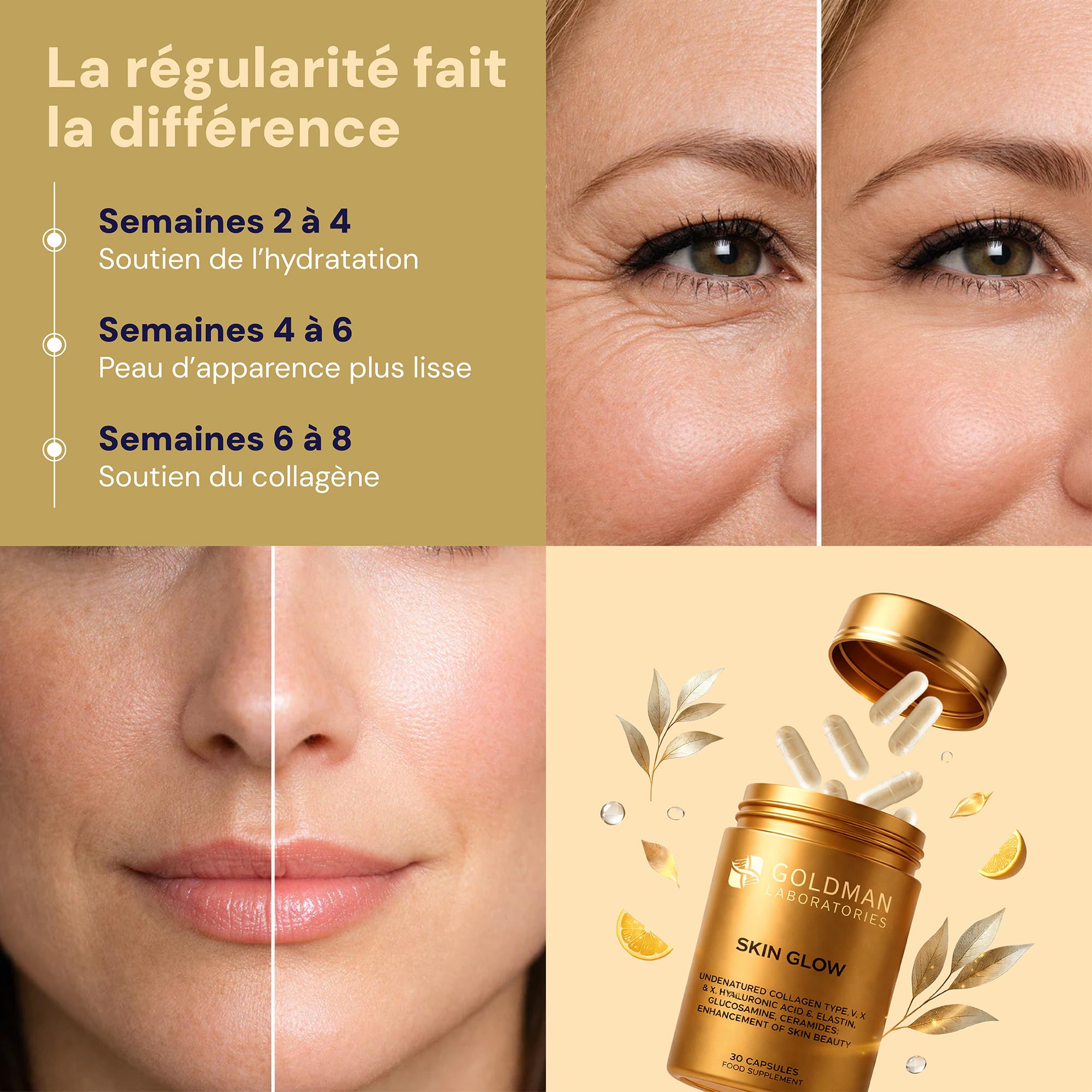 Skin Glow Complément de Collagène en Gélules, 30 Gélules, Contenant du Collagène Type I, V, de l'Acide Hyaluronique, de l'Élastine et des Céramides.
